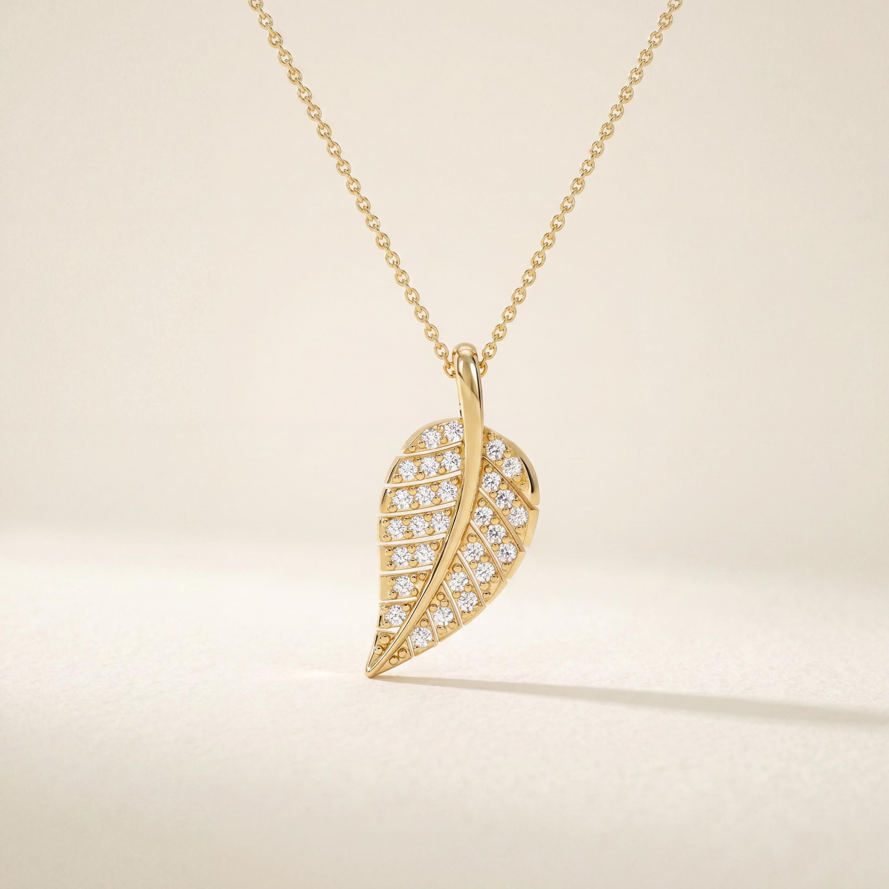 Round Diamond Dainty Leaf 14K Solid Gold Pendant Necklace
