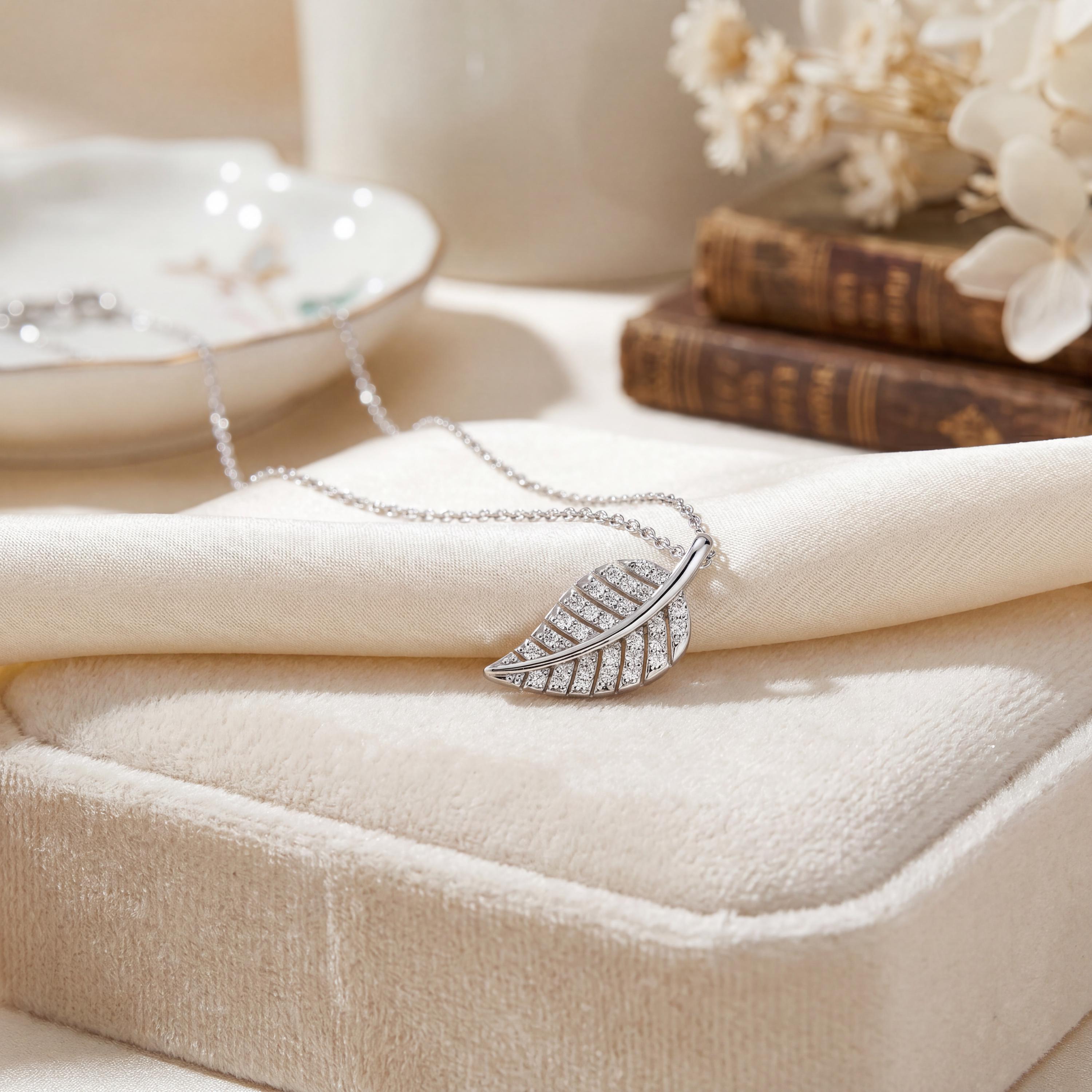 Round Diamond Dainty Leaf 14K Solid Gold Pendant Necklace
