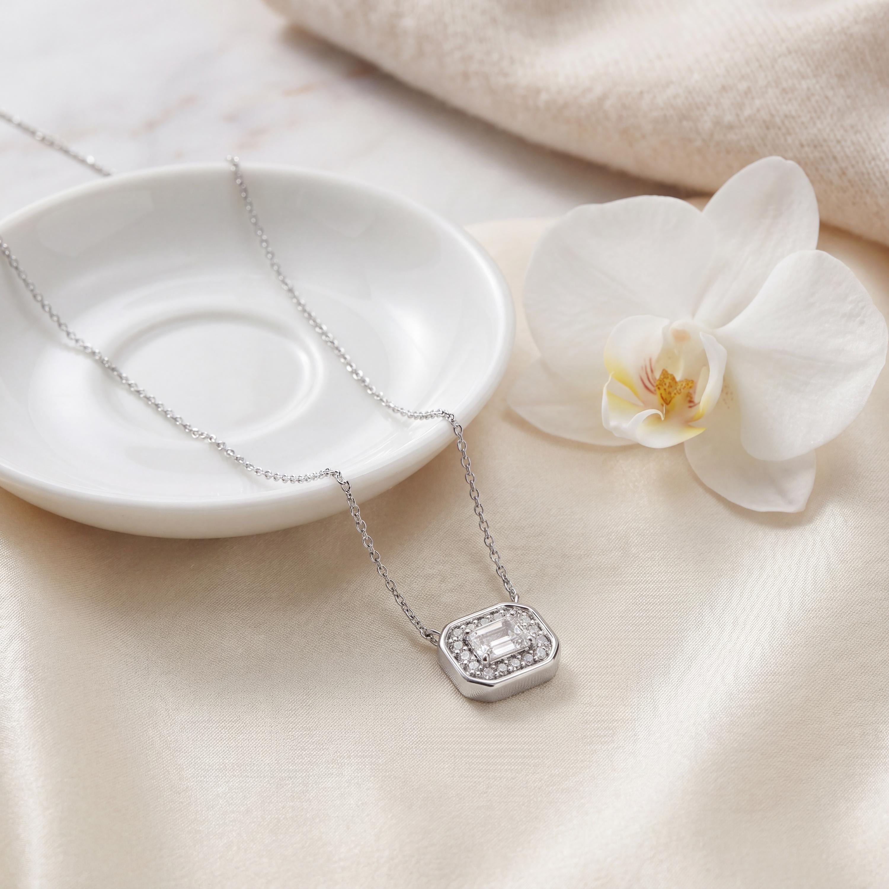 Emerald Cut Diamond Halo Dainty Bezel 14K Solid Gold Pendant Necklace