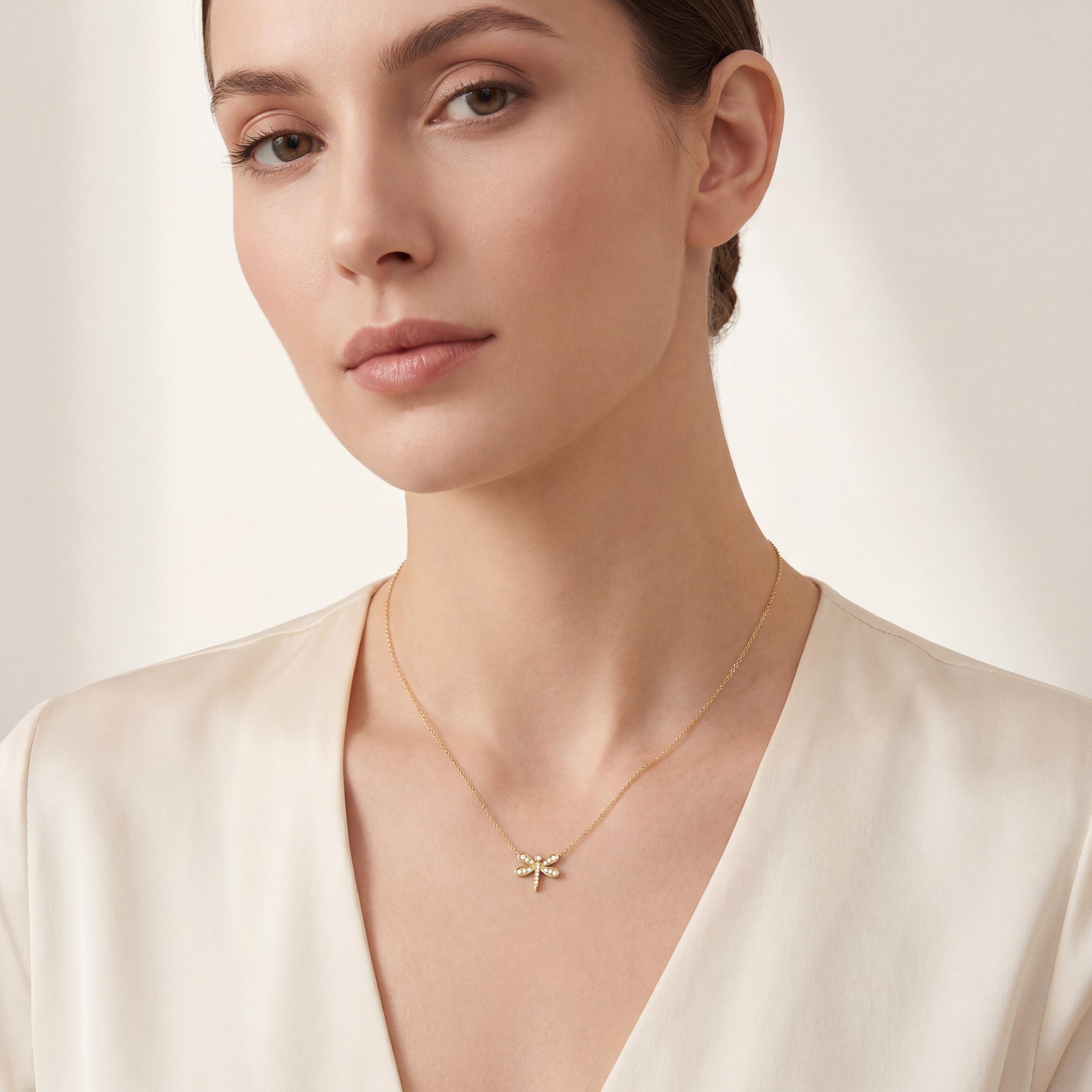 Round Diamond Dainty Dragonfly 14K Solid Gold Pendant Necklace