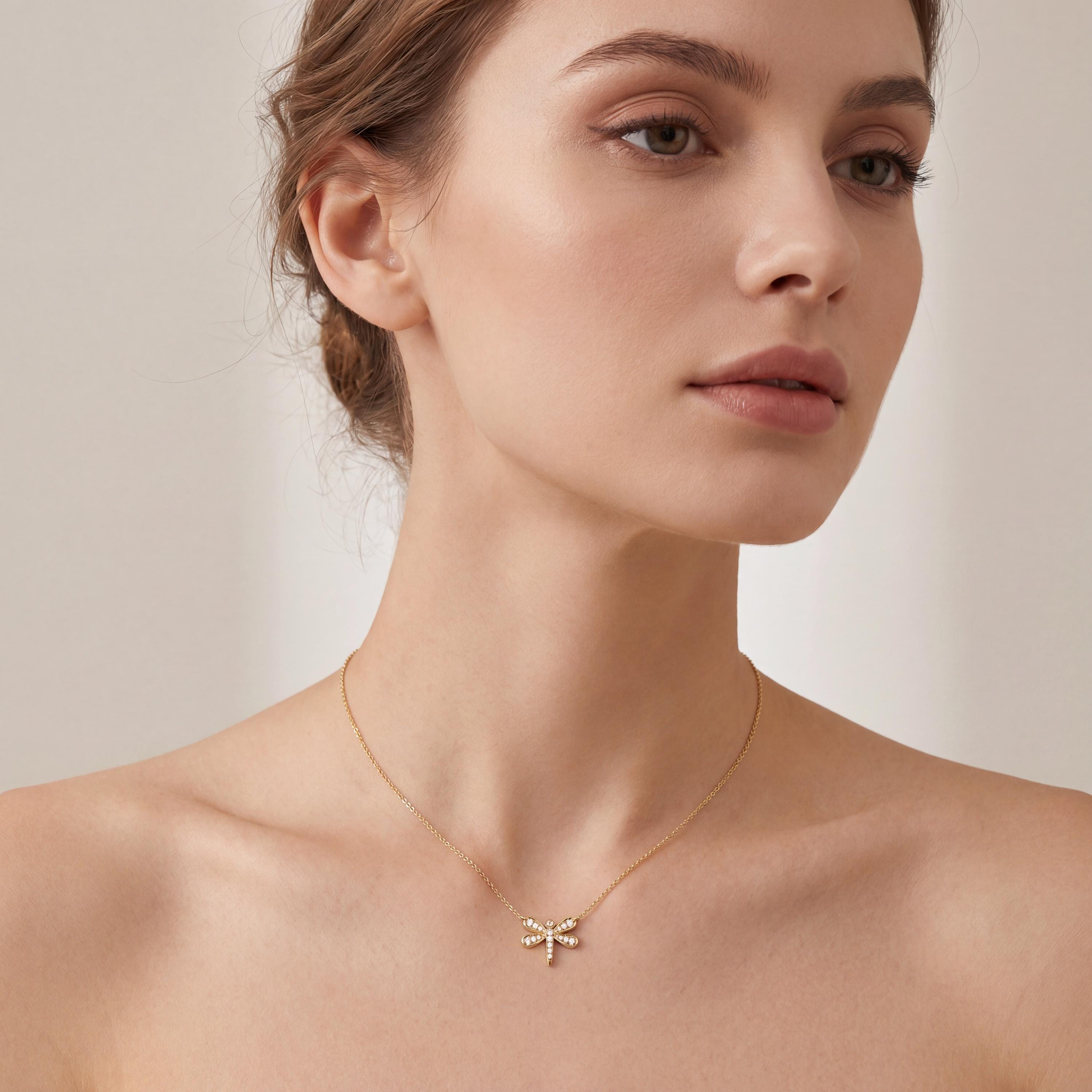 Round Diamond Dainty Dragonfly 14K Solid Gold Pendant Necklace