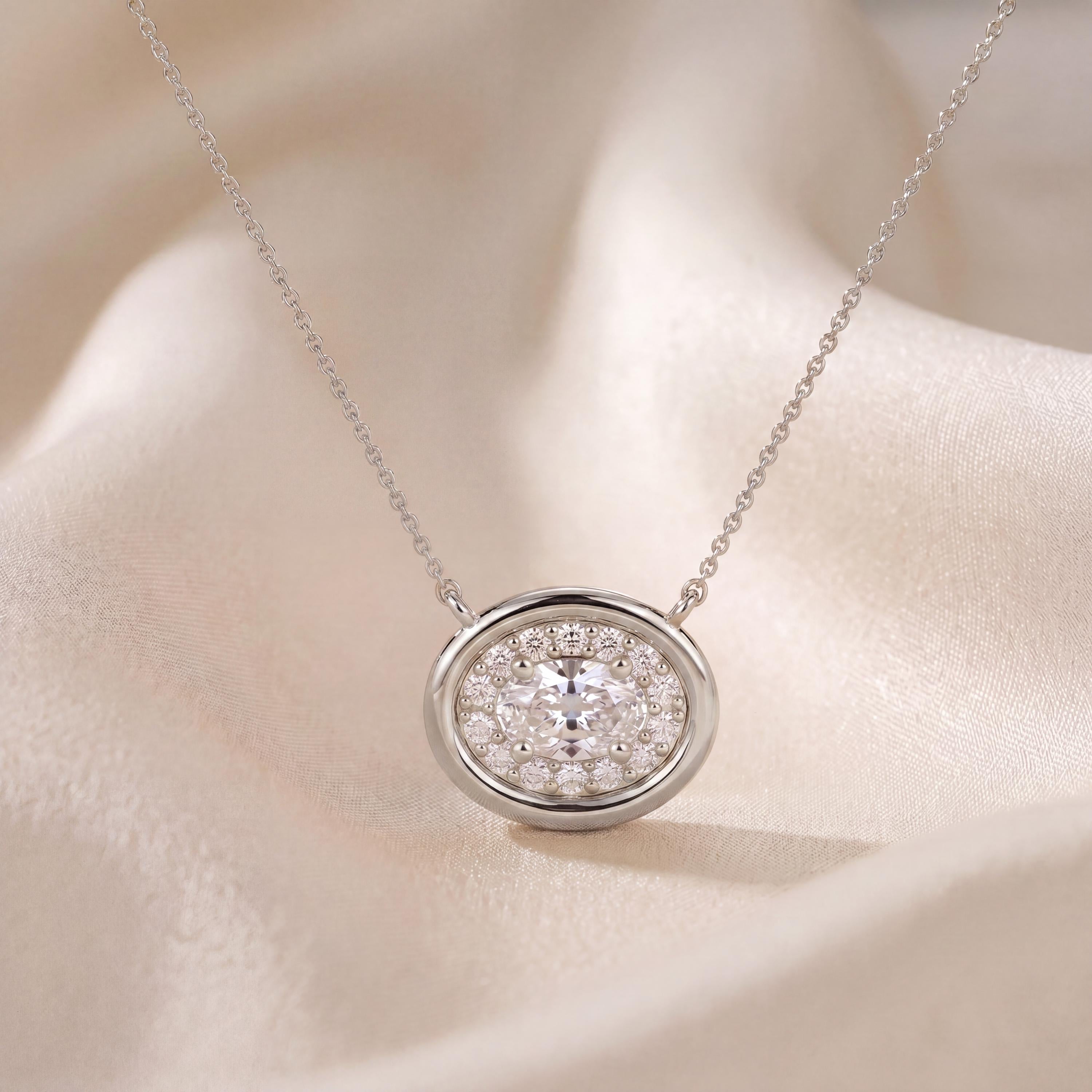 Oval Diamond Halo Dainty Bezel 14K Solid Gold Pendant Necklace