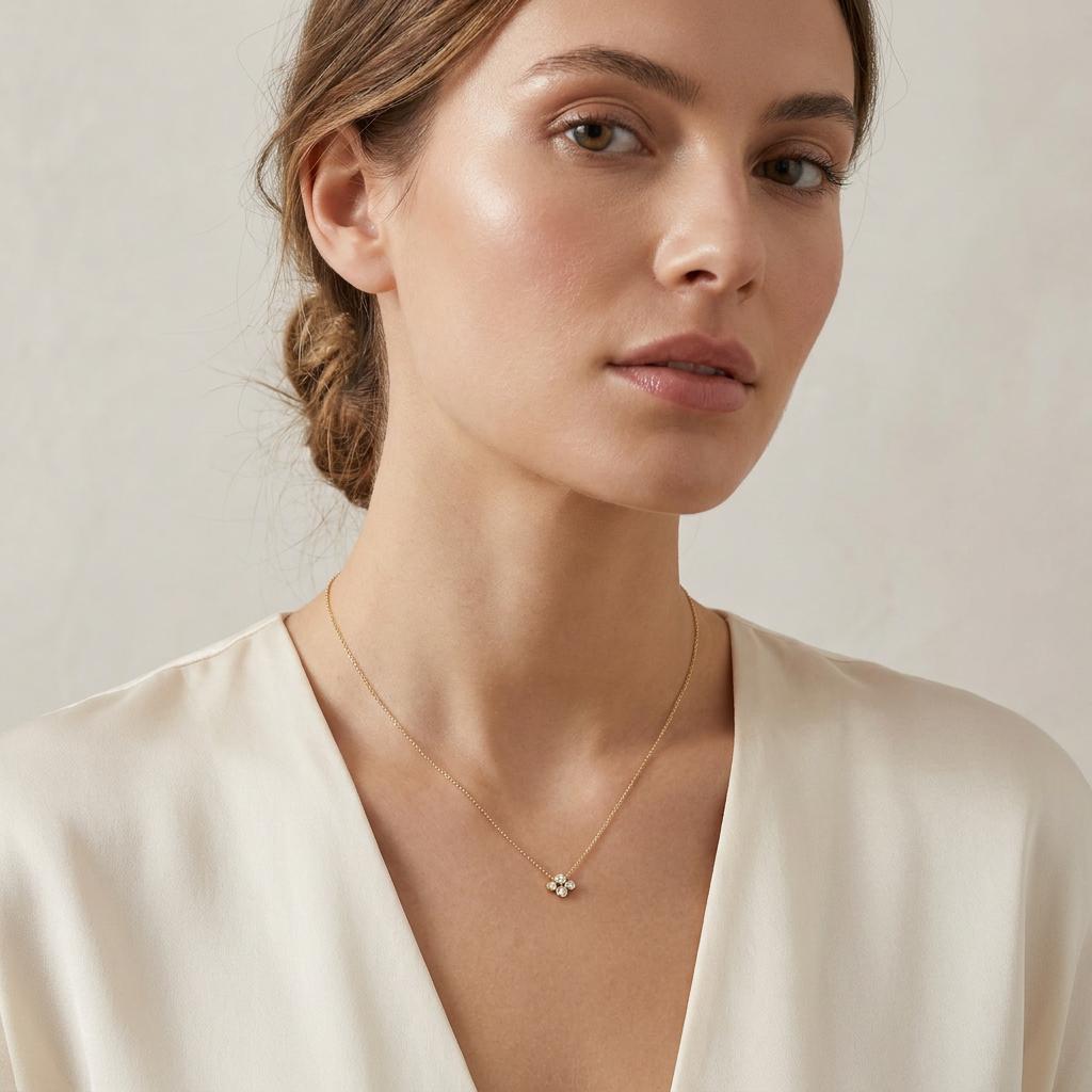Round Diamond Four Stone Cluster Dainty Necklace 14K Solid Gold Pendant