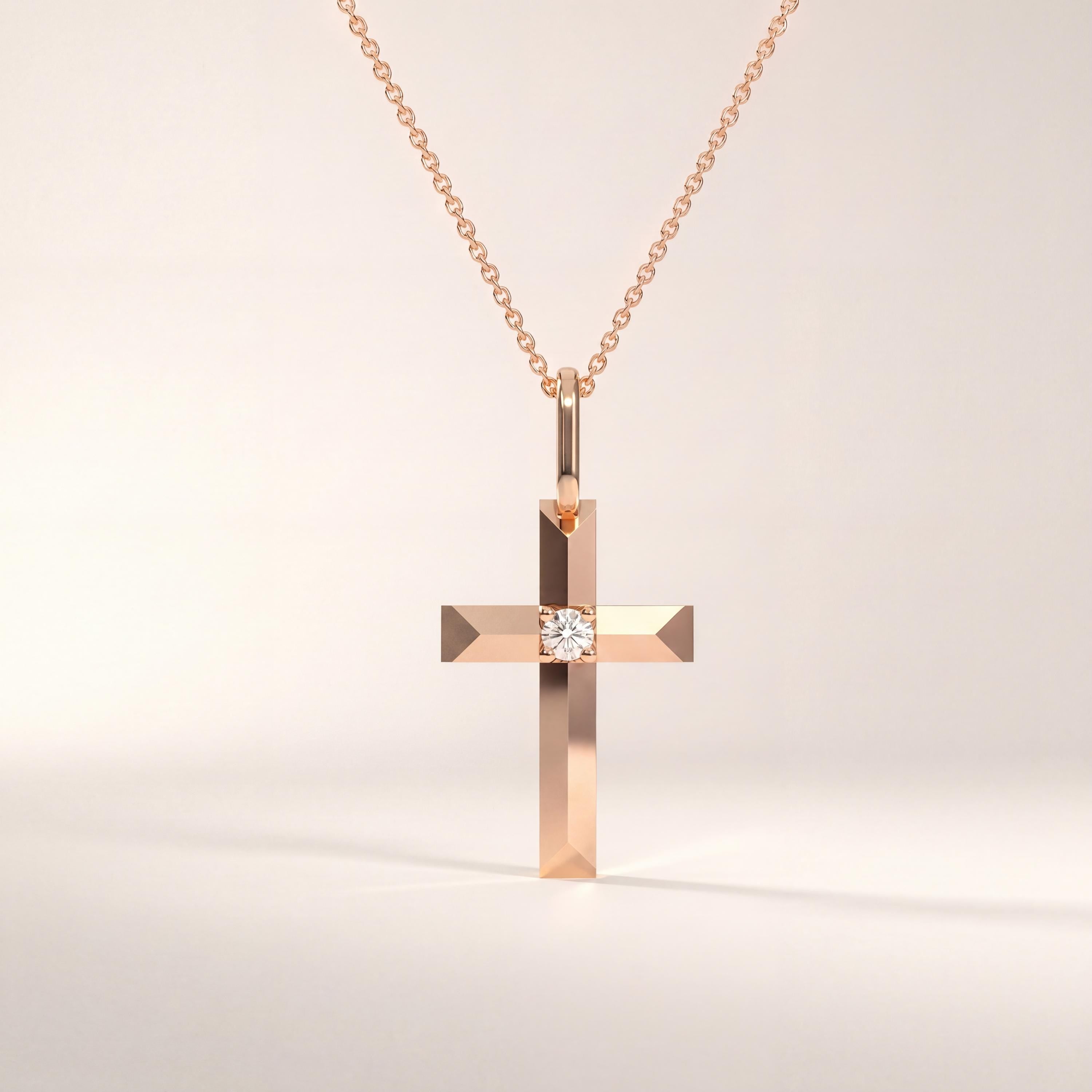 Round Diamond Solitaire Prong Set Cross 14K Solid Gold Pendant Necklace