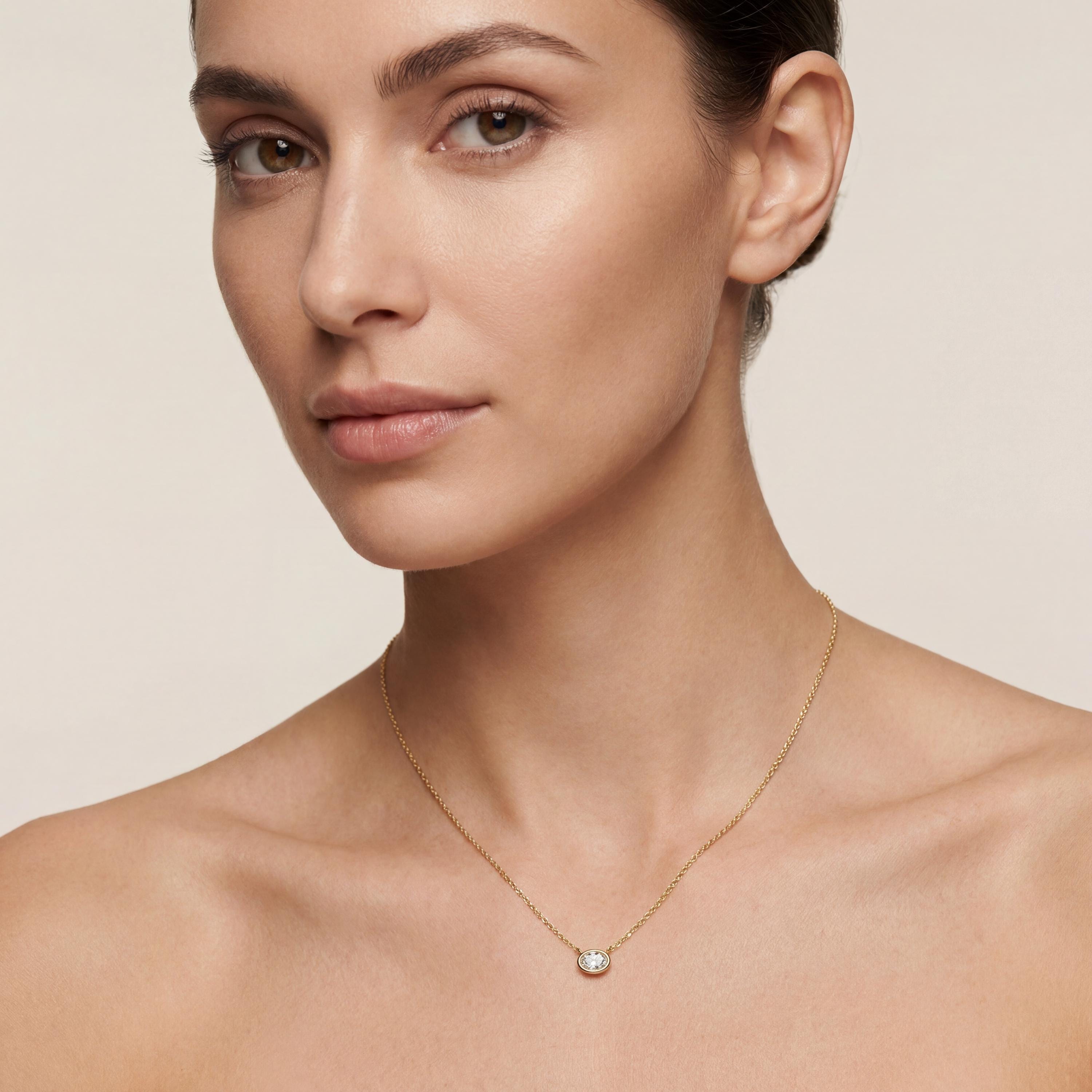 Oval Cut Diamond Bezel Set Dainty Solitaire 14K Solid Gold Pendant Necklace