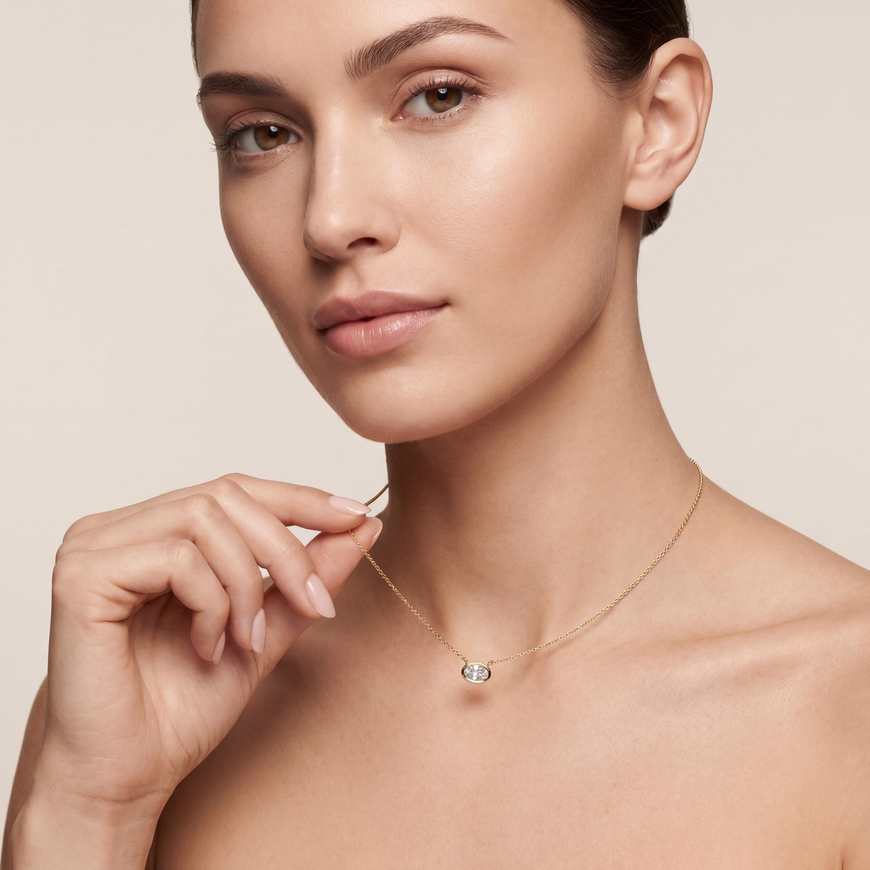 Oval Cut Diamond Bezel Set Dainty Solitaire 14K Solid Gold Pendant Necklace