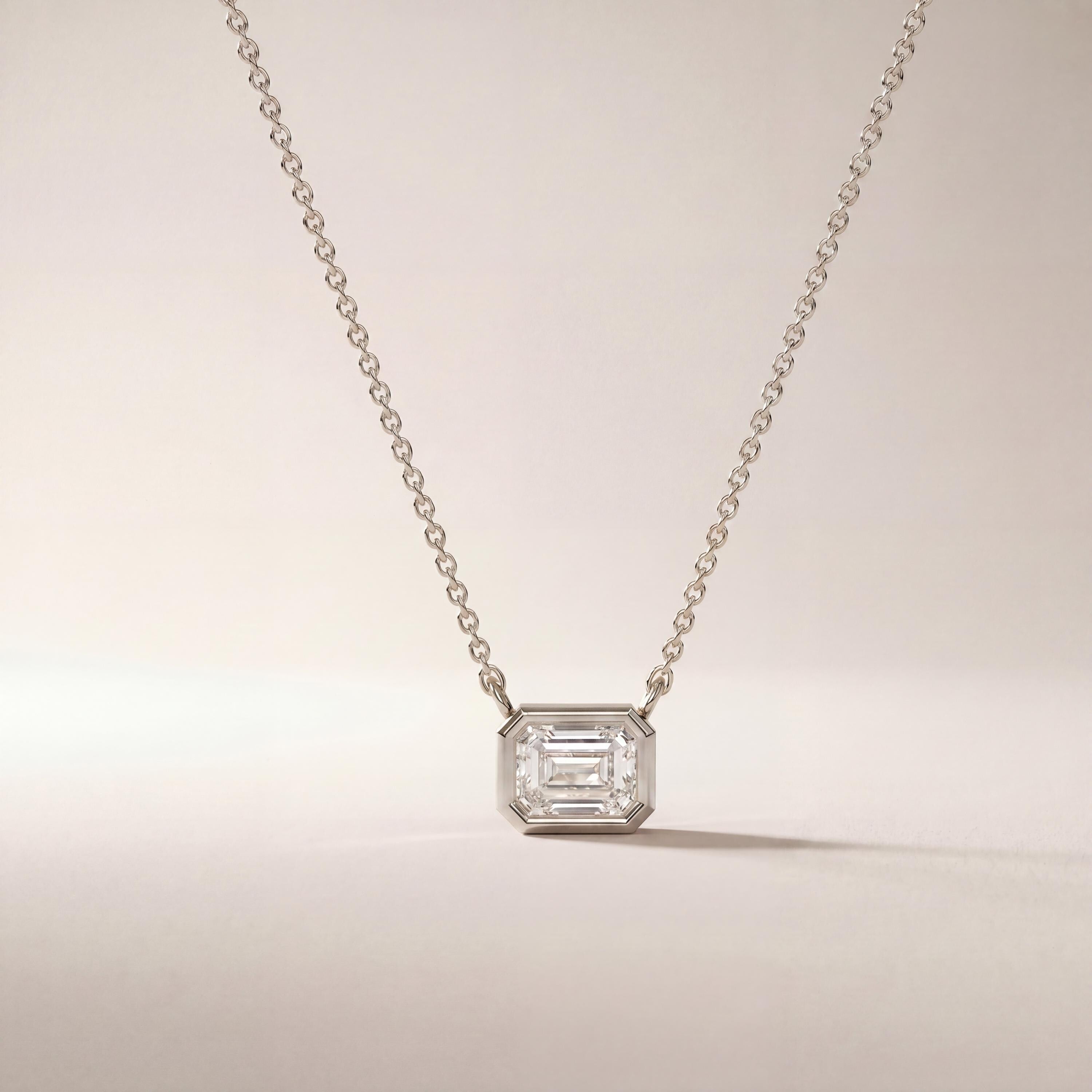 Emerald Cut Diamond Bezel Set Dainty Solitaire 14K Solid Gold Pendant Necklace