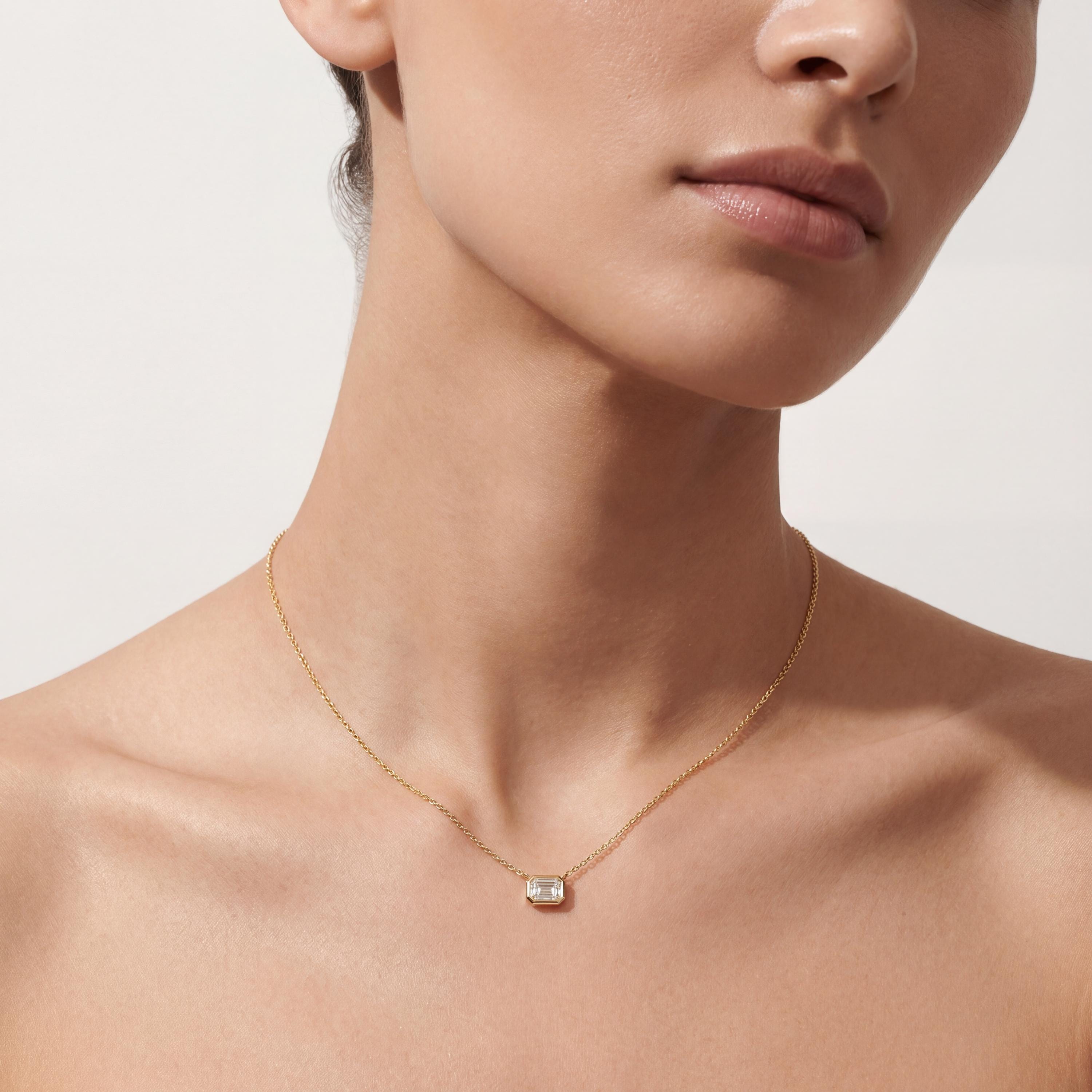 Emerald Cut Diamond Bezel Set Dainty Solitaire 14K Solid Gold Pendant Necklace