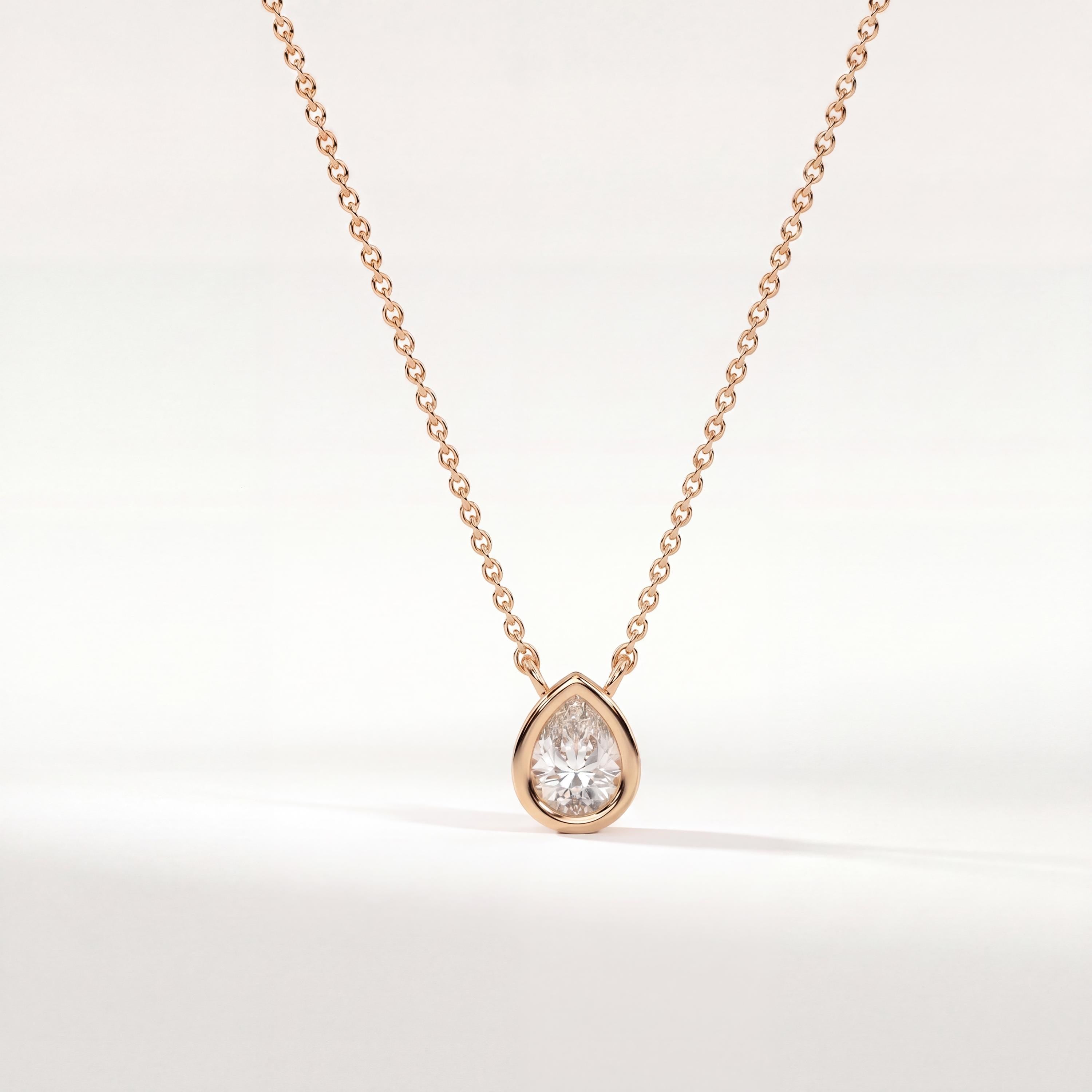 Pear Shape Diamond Bezel Set Dainty Solitaire 14K Solid Gold Pendant Necklace
