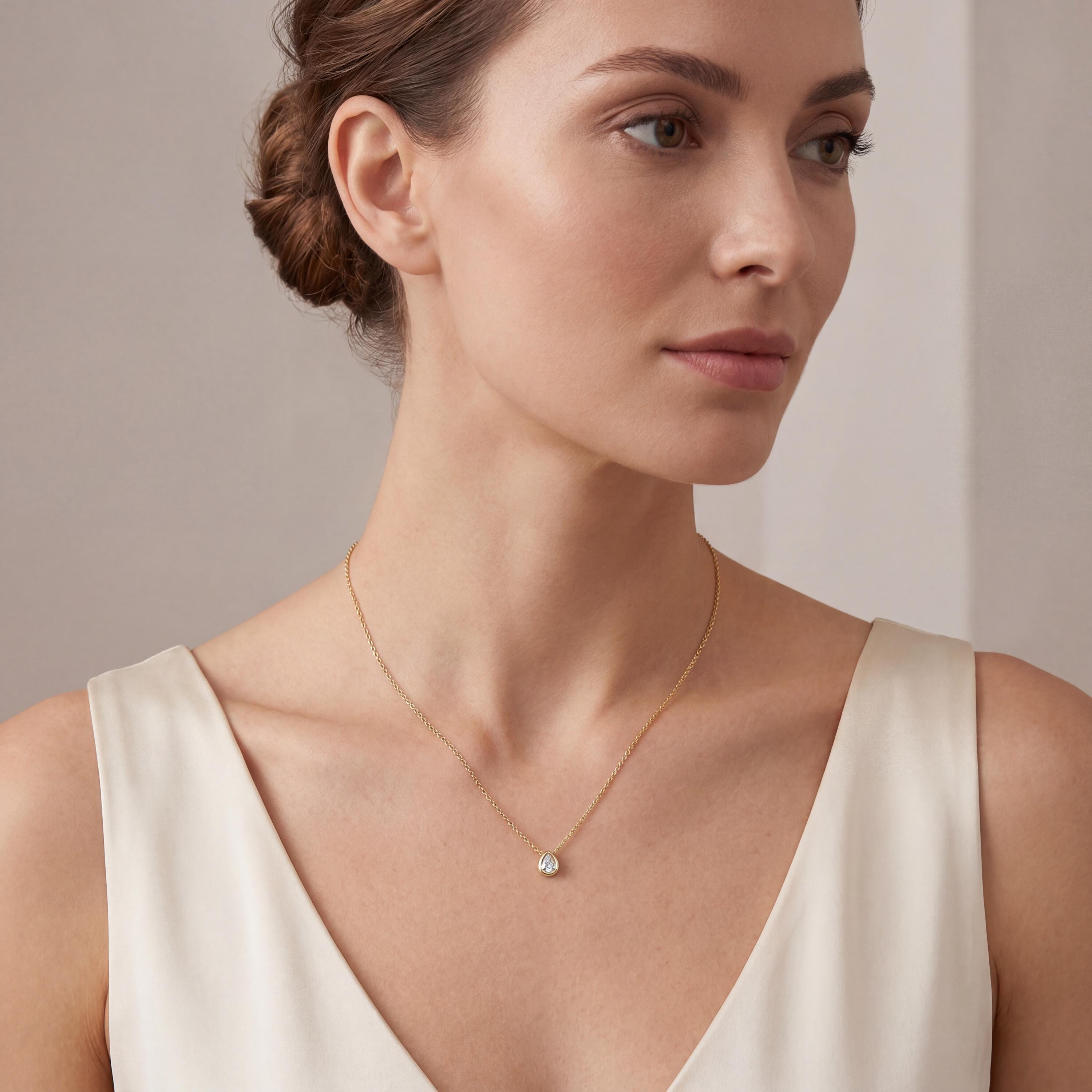 Pear Shape Diamond Bezel Set Dainty Solitaire 14K Solid Gold Pendant Necklace