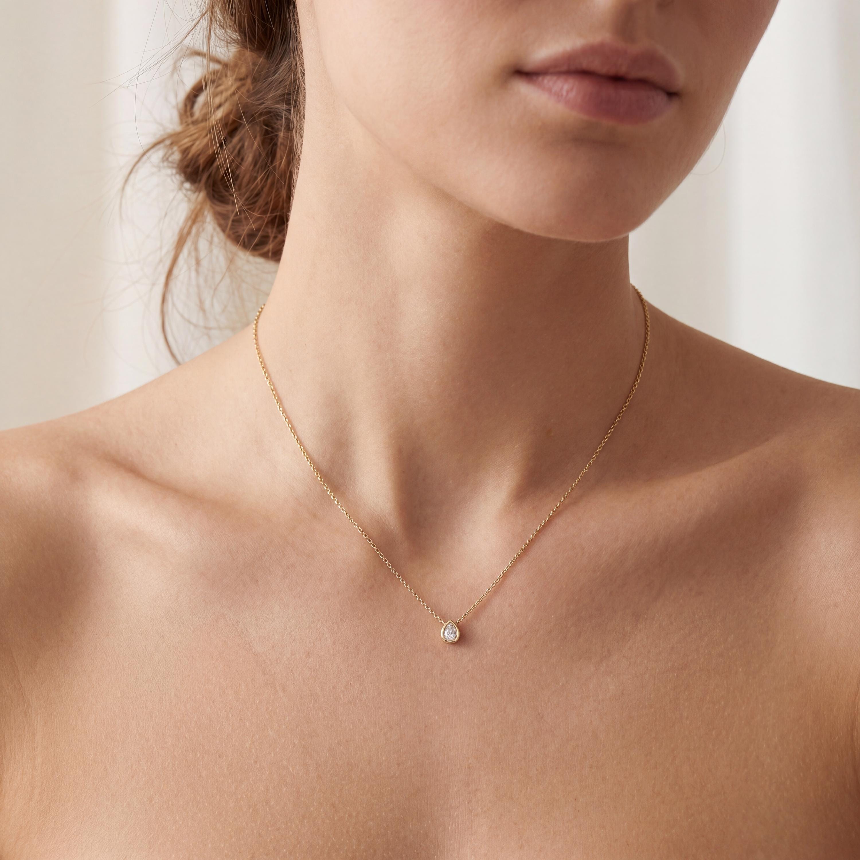 Pear Shape Diamond Bezel Set Dainty Solitaire 14K Solid Gold Pendant Necklace
