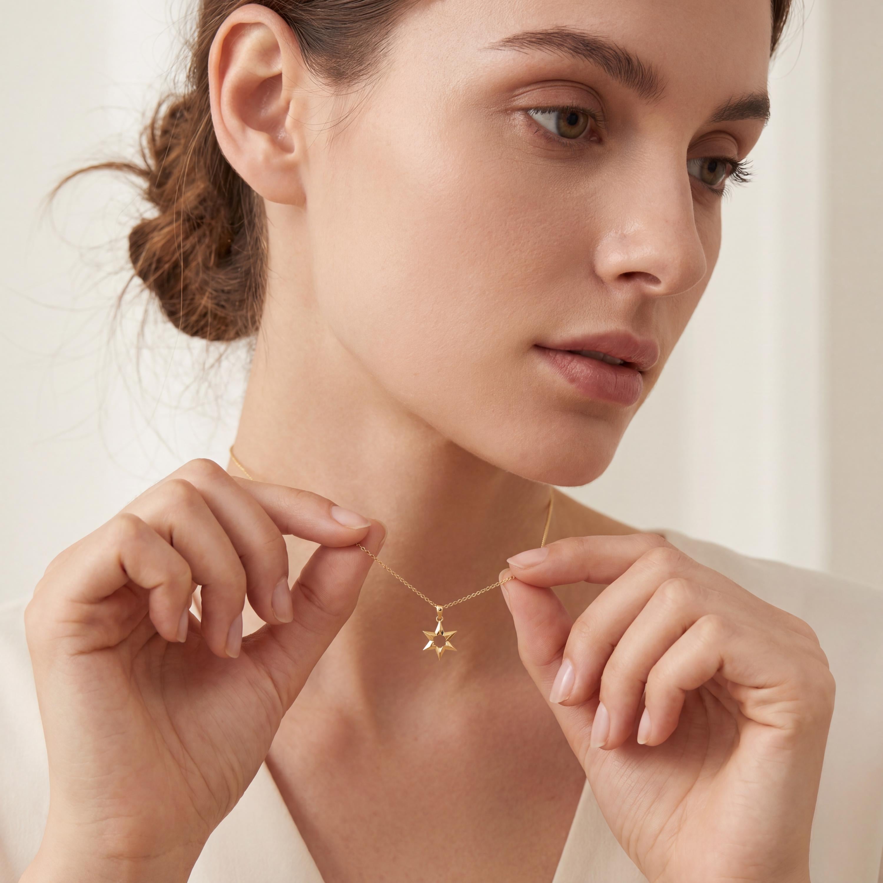 Celestial Dainty Modern Star 14K Solid Gold Pendant Necklace