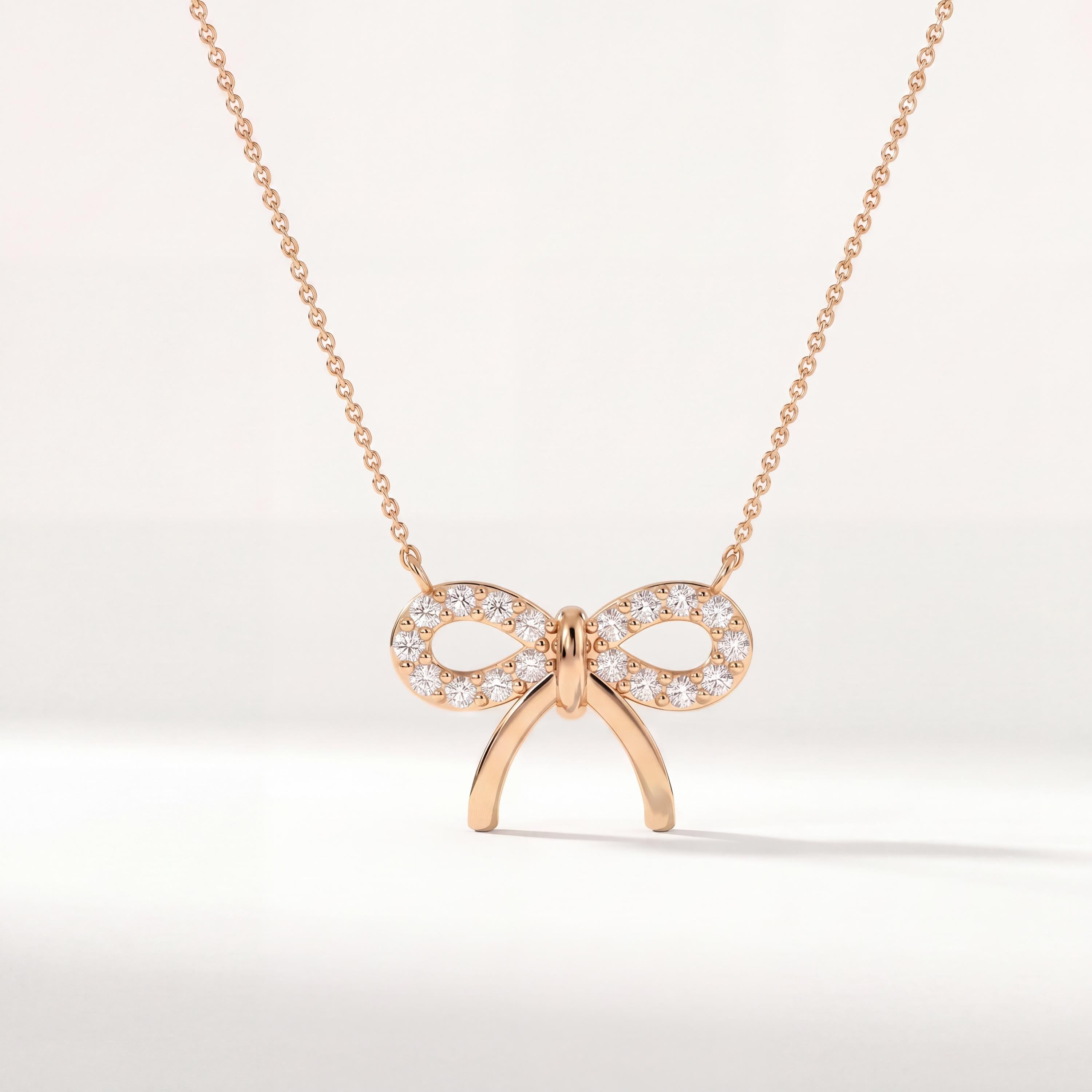 Round Pave Diamond Dainty Bow 14K Solid Gold Pendant Necklace