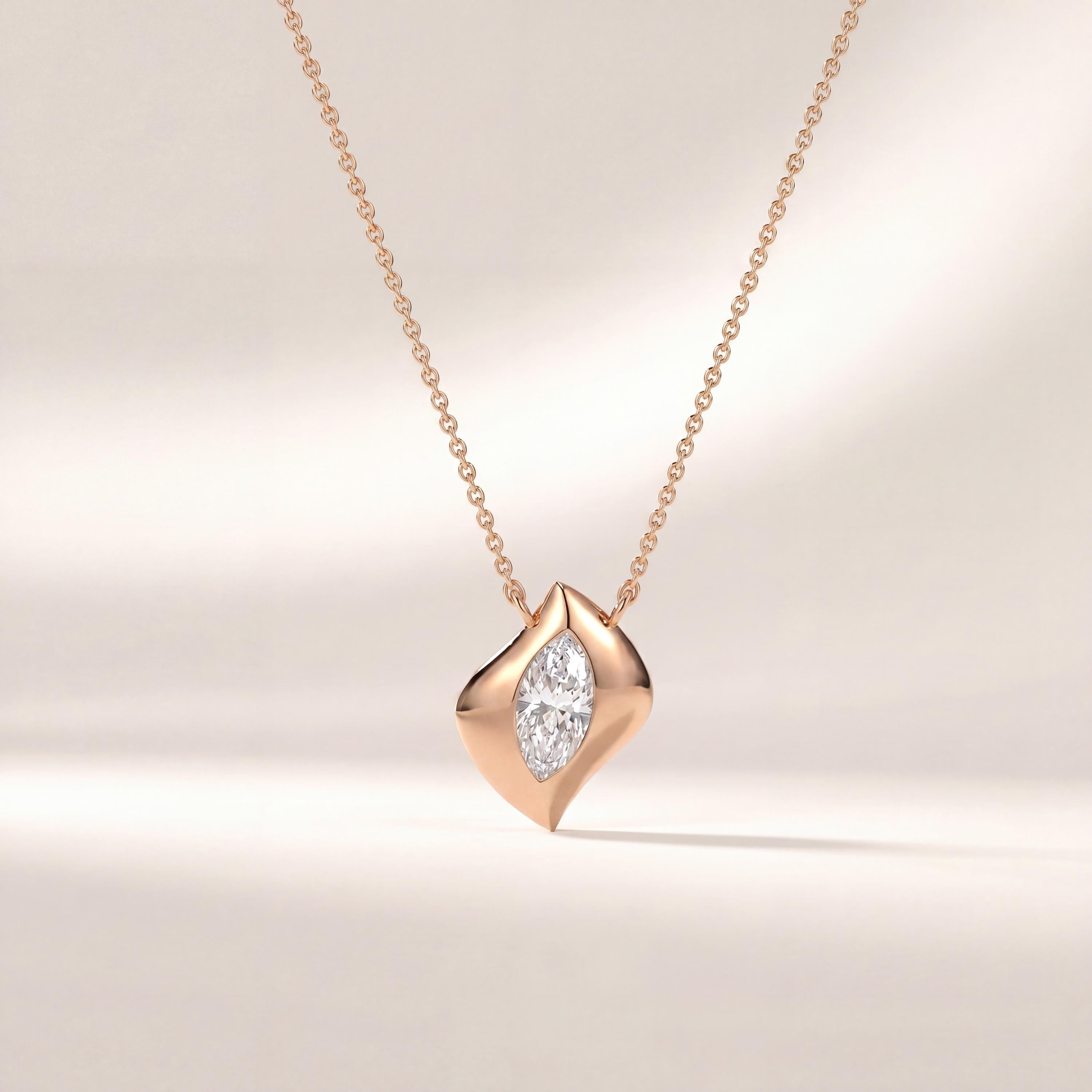 Marquise Diamond Dainty Leaf Pendant Necklace 14K Solid Gold