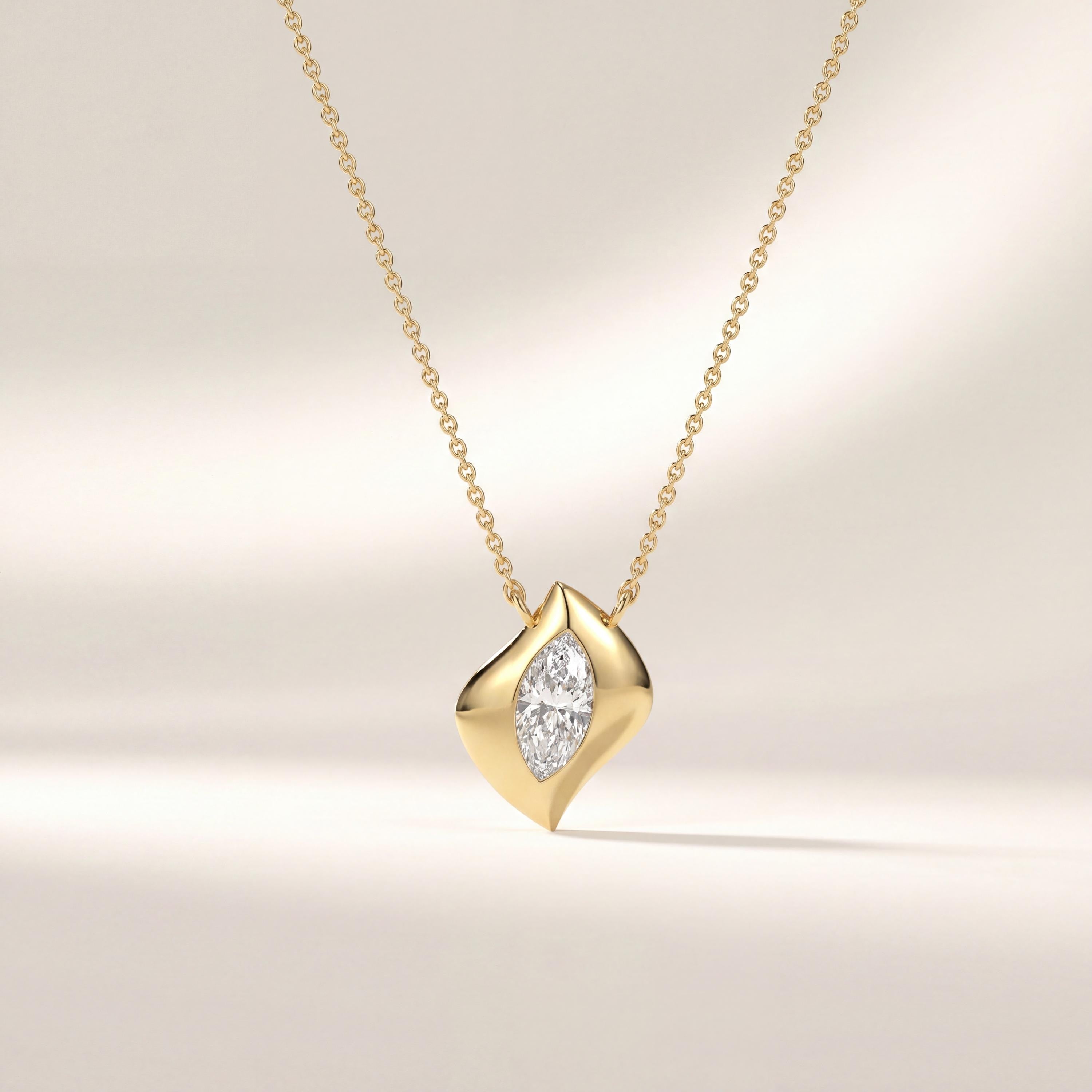 Marquise Diamond Dainty Leaf Pendant Necklace 14K Solid Gold