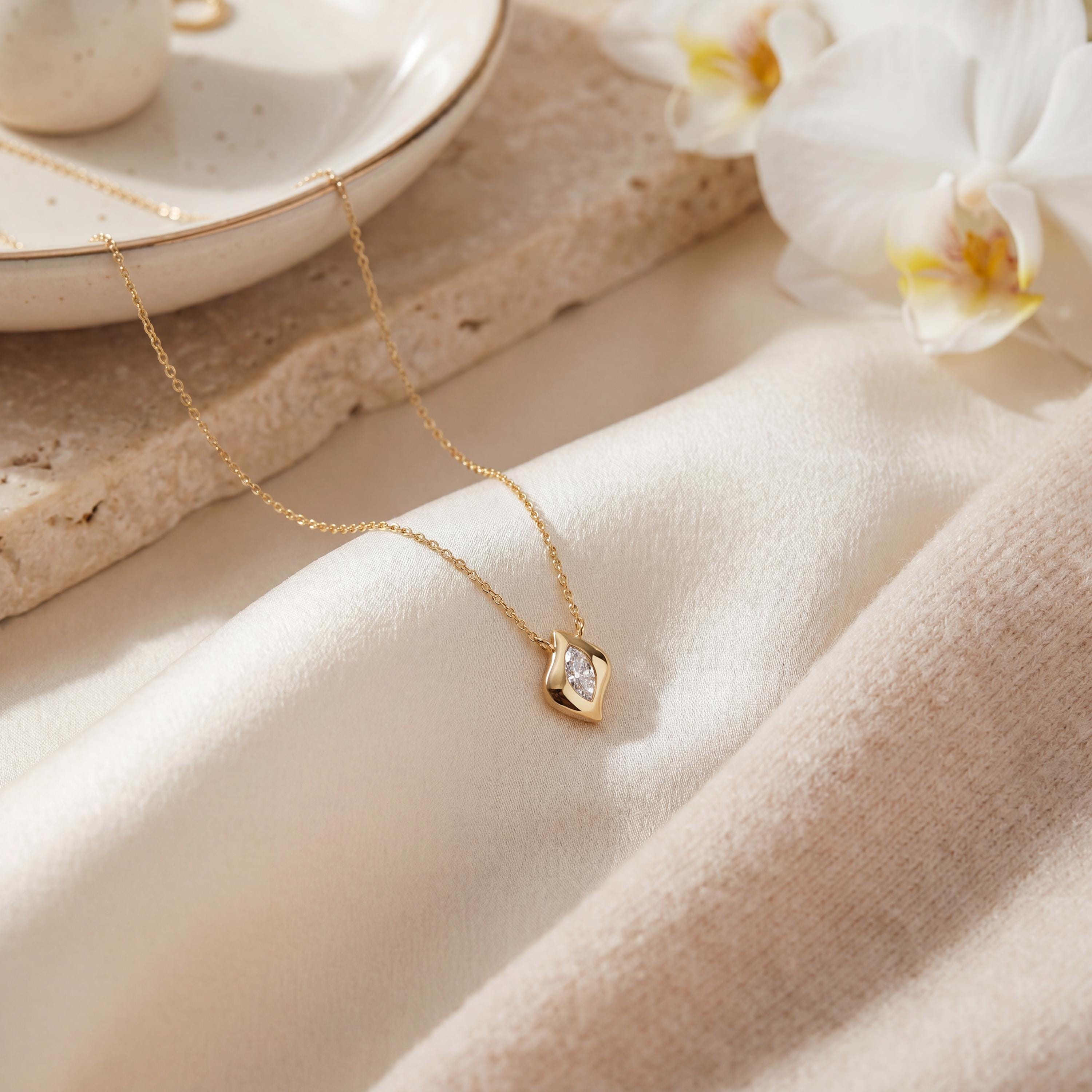 Marquise Diamond Dainty Leaf Pendant Necklace 14K Solid Gold