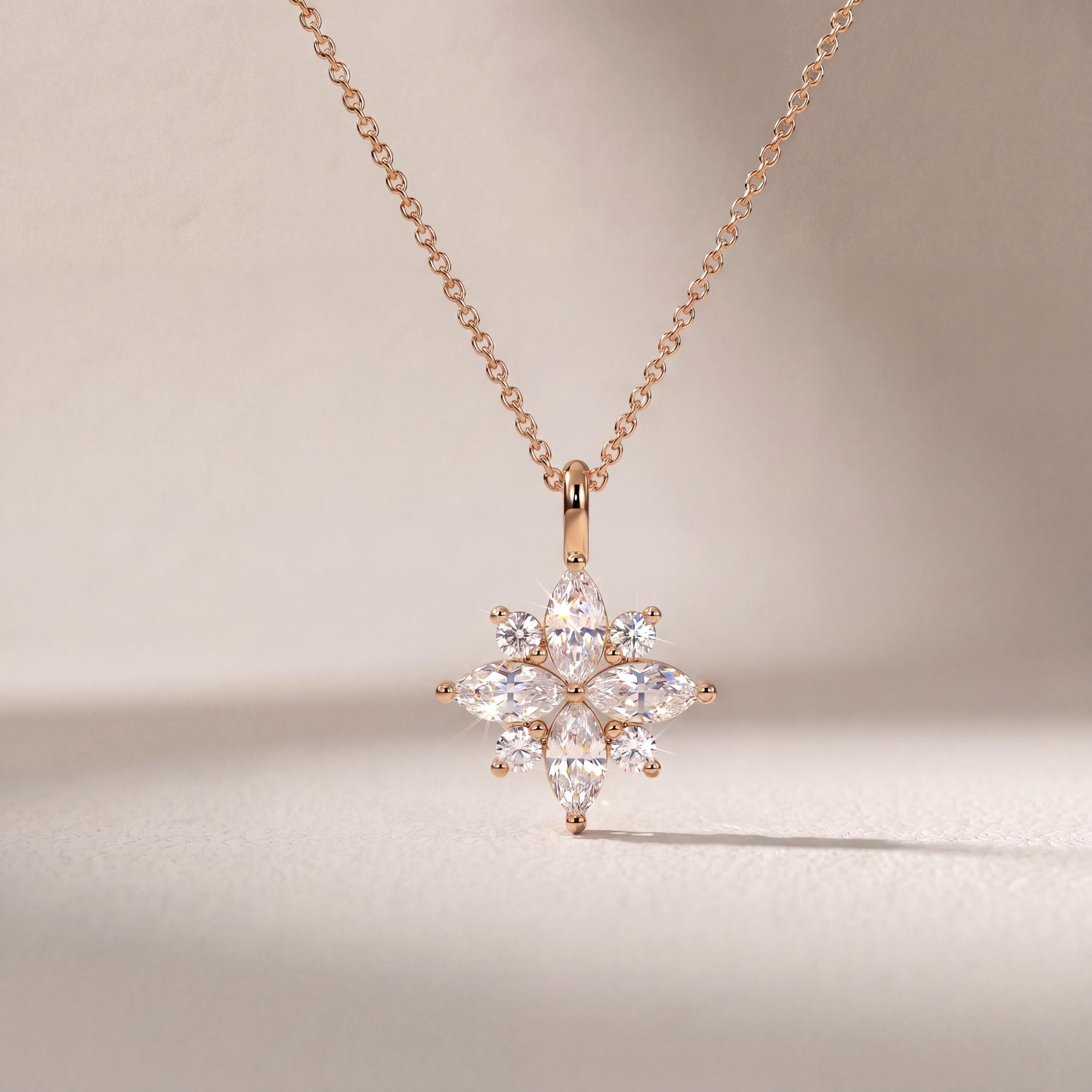 Marquise Diamond Dainty Cluster Pendant Necklace 14K Solid Gold