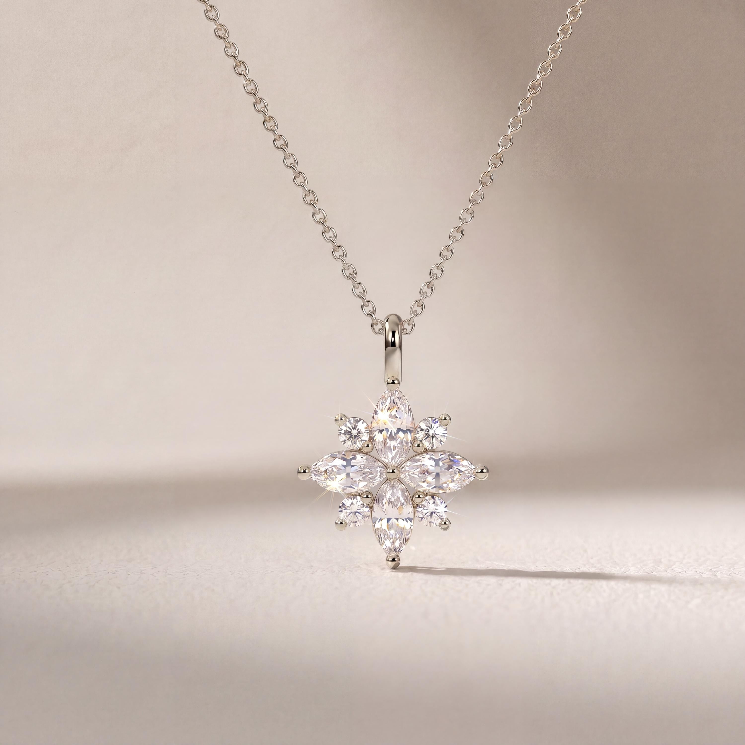 Marquise Diamond Dainty Cluster Pendant Necklace 14K Solid Gold