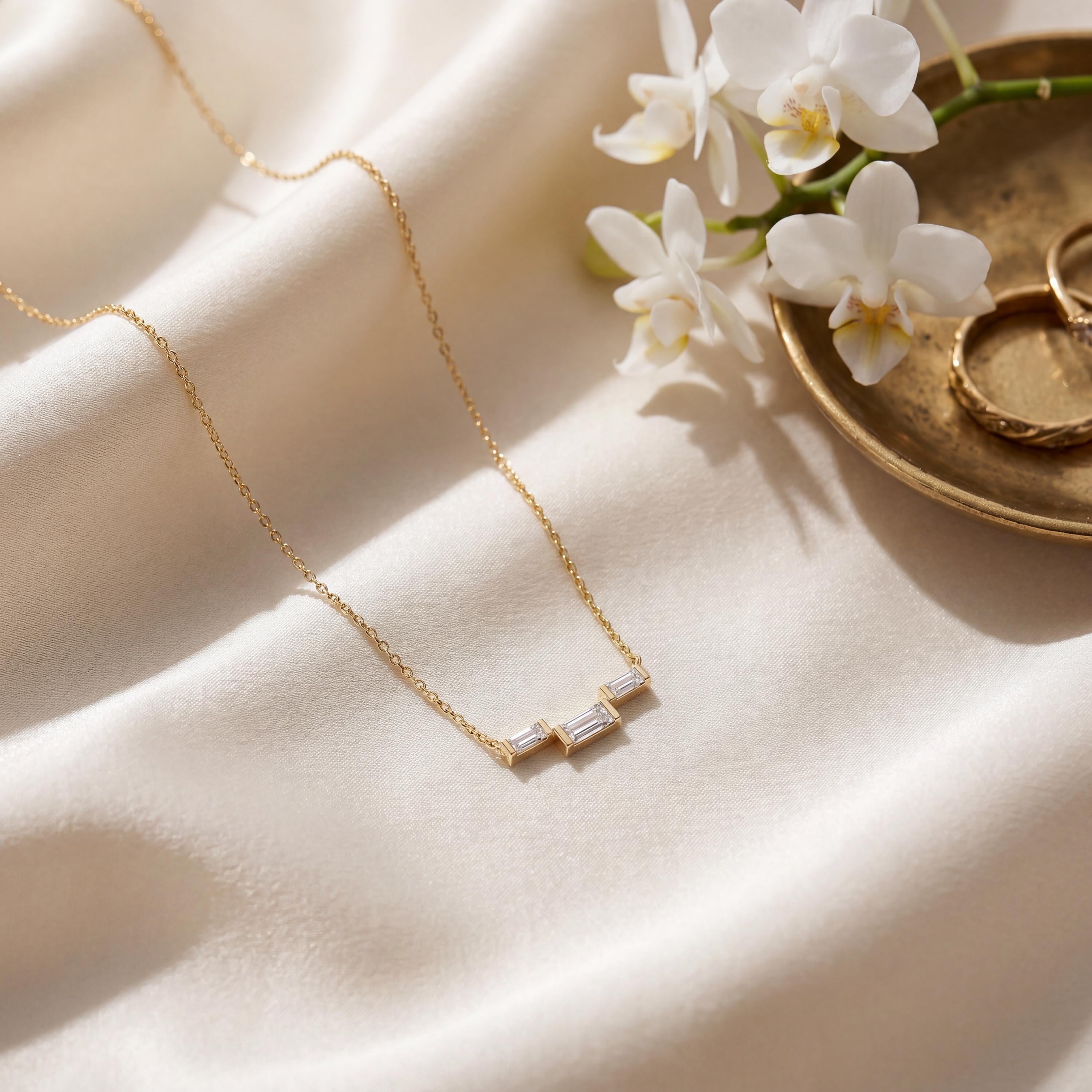 3 Stone Baguette Diamond Dainty Bar Set 14K Solid Gold Pendant Necklace
