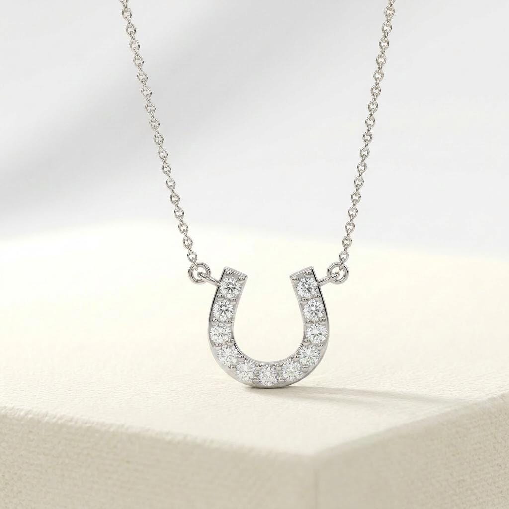 Round Diamond Pave 14K Dainty Solid Gold Horseshoe Pendant Necklace