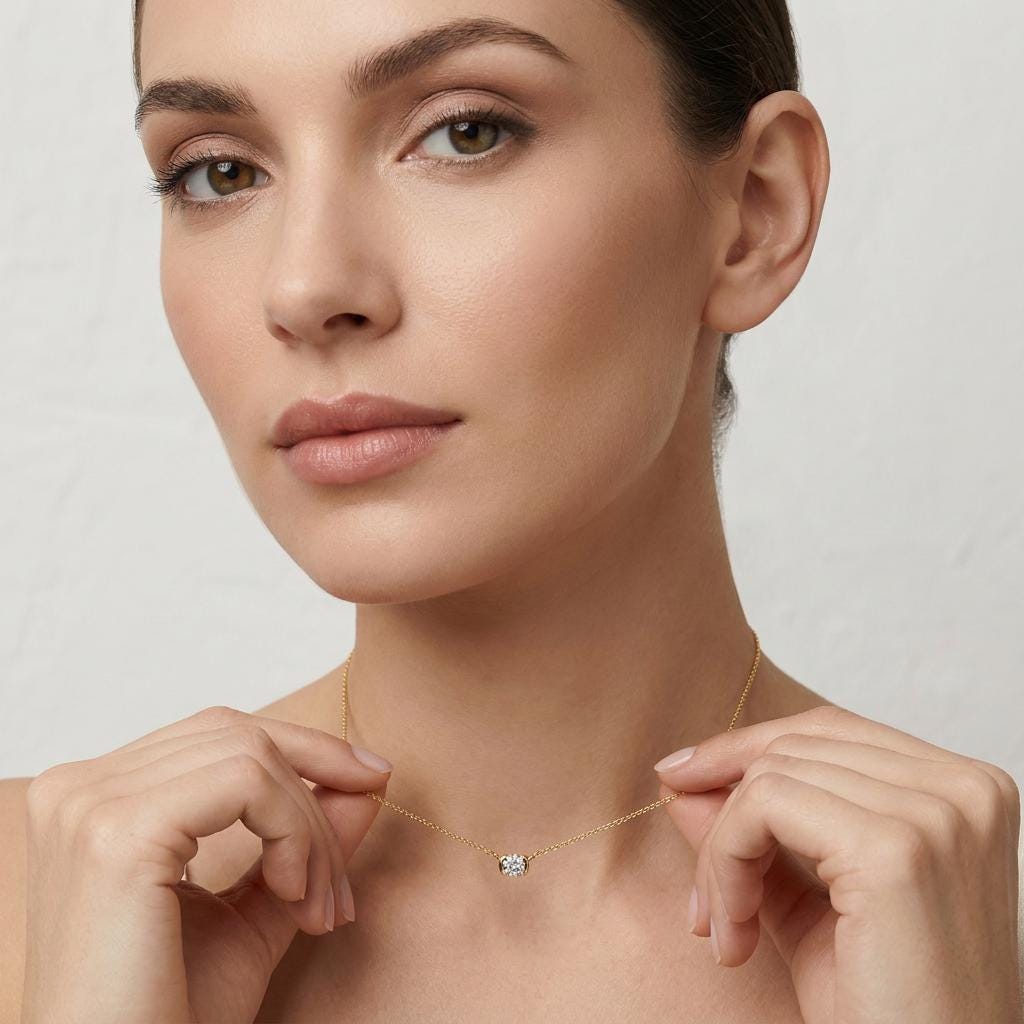 Round Brilliant Cut Diamond Solitaire Dainty Half Bezel 14K Solid Gold Pendant Necklace