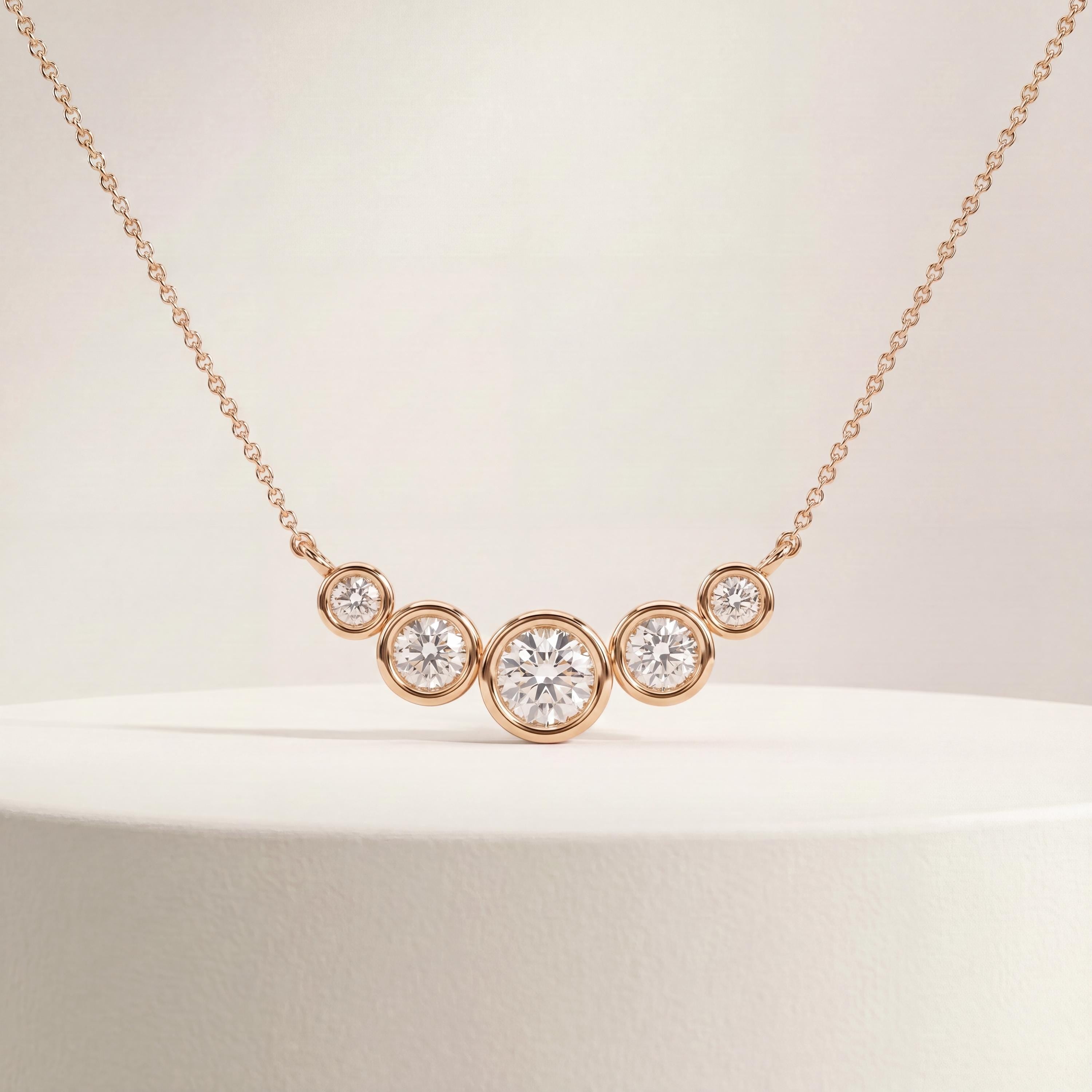 Round Diamond Five Stone Graduated Bezel Necklace 14K Solid Gold Pendant