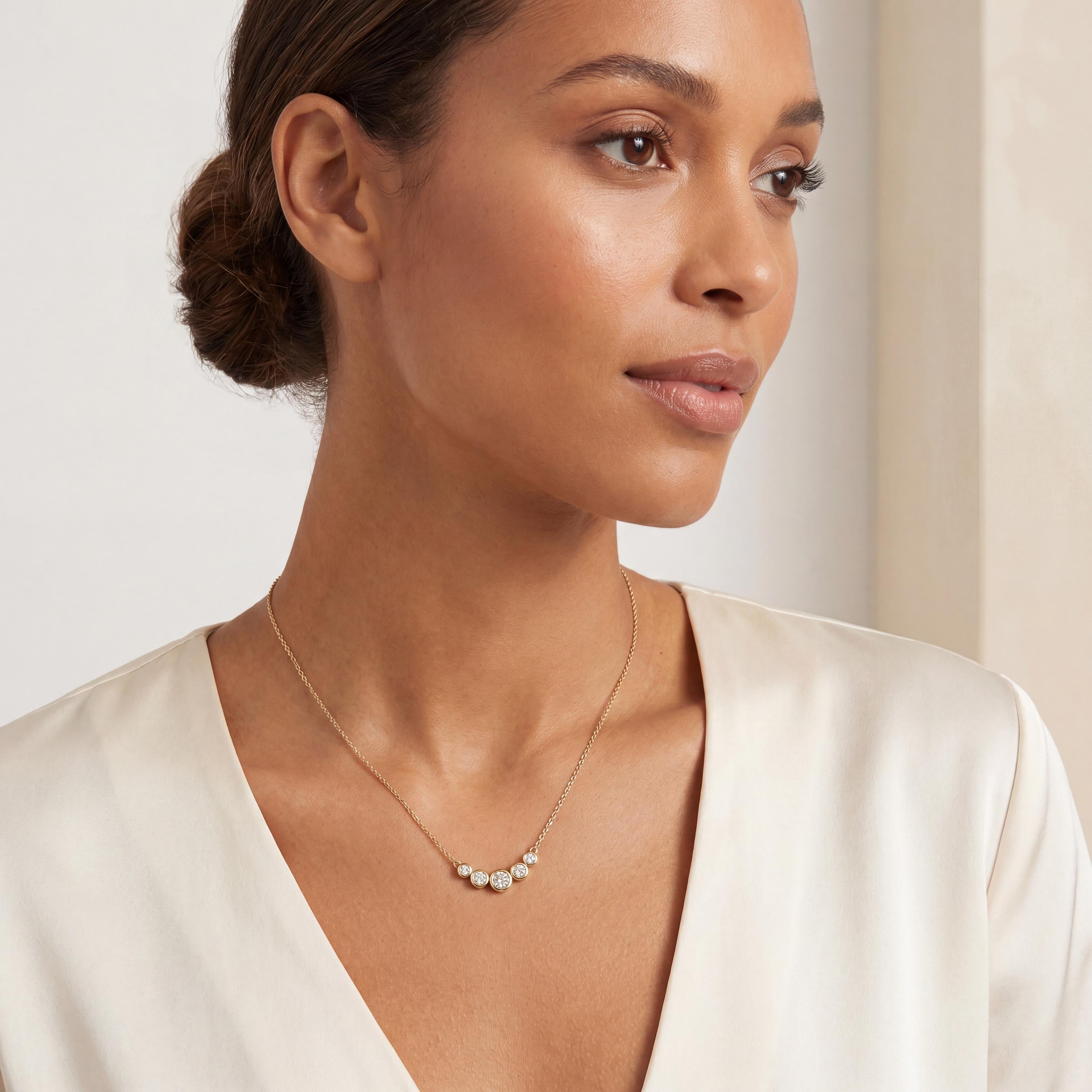 Round Diamond Five Stone Graduated Bezel Necklace 14K Solid Gold Pendant