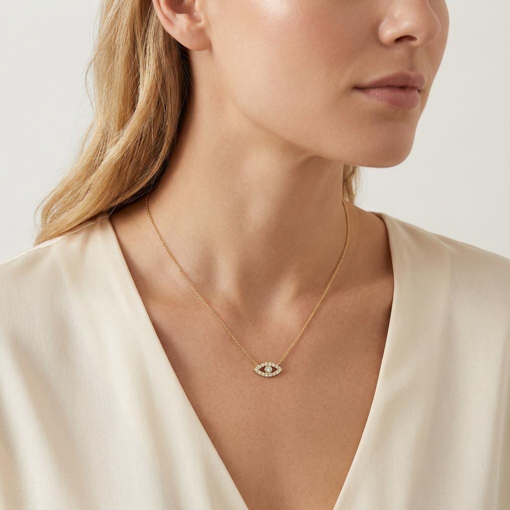 Diamond Dainty Evil Eye 14K Solid Gold Pendant Necklace