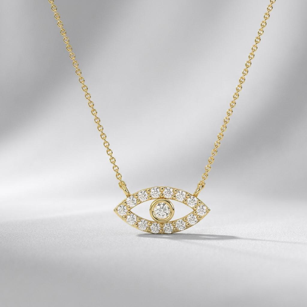 Diamond Dainty Evil Eye 14K Solid Gold Pendant Necklace
