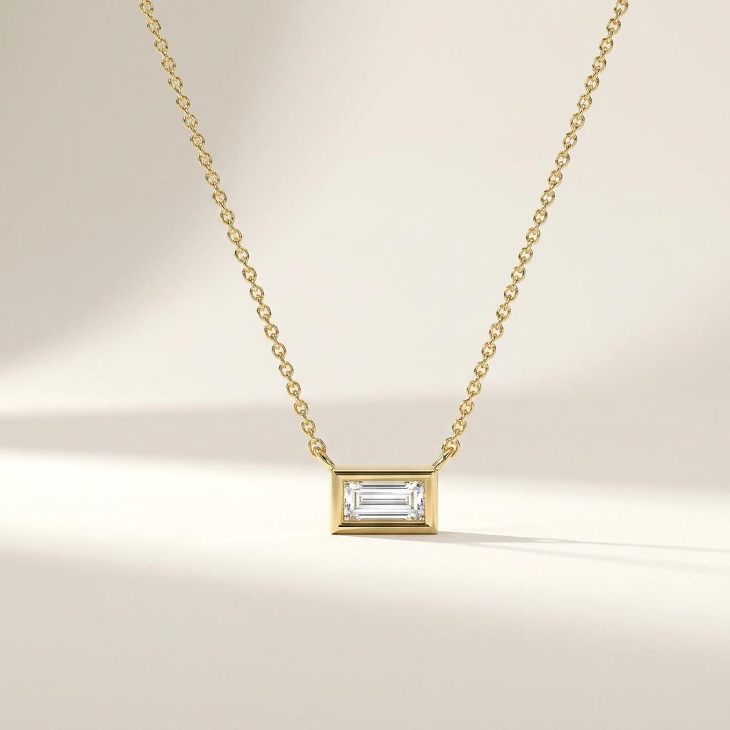 Baguette Diamond Solitaire Dainty Bezel Set 14K Solid Gold Pendant Necklace