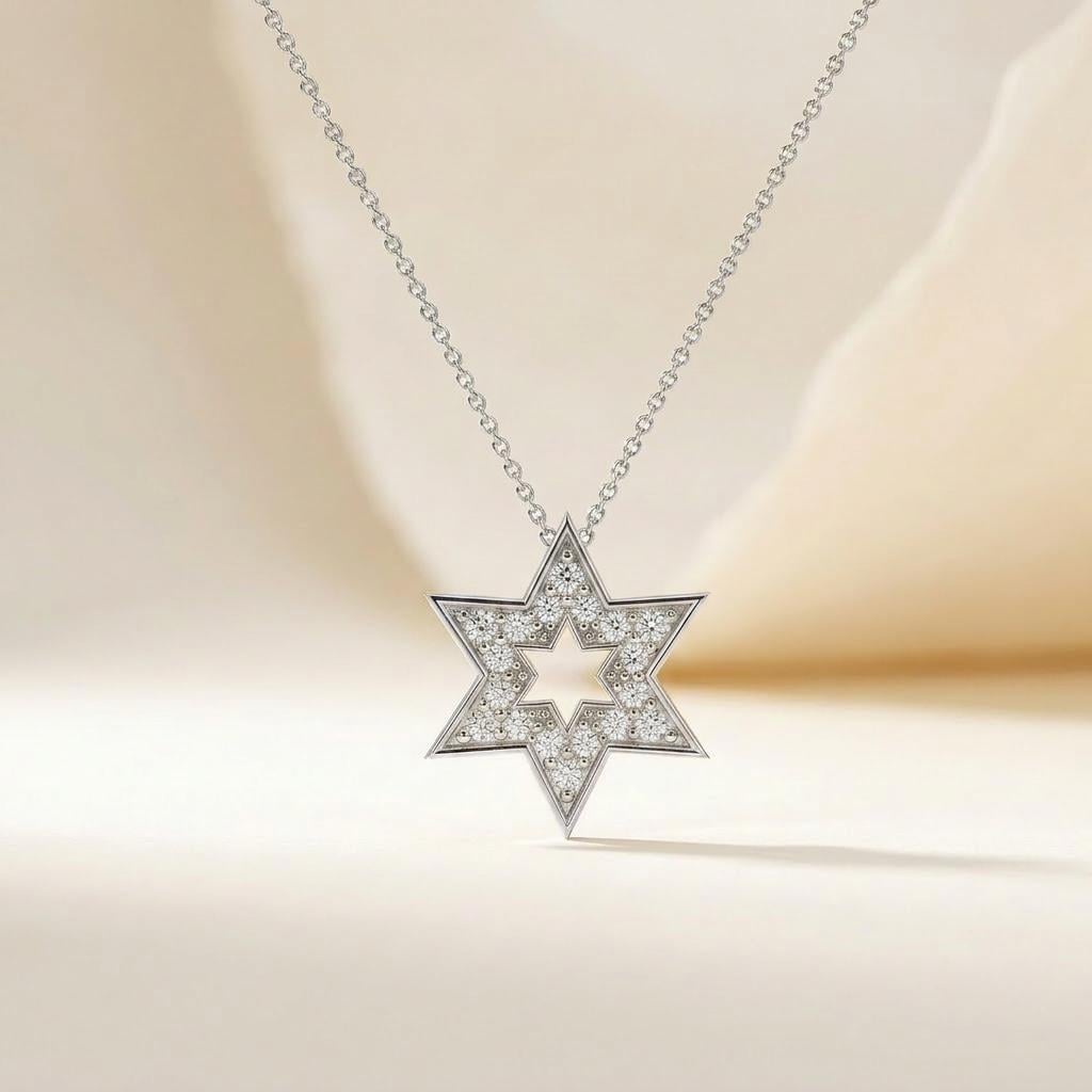 Round Diamond Dainty Star Of David 14K Solid Gold Pendant Necklace