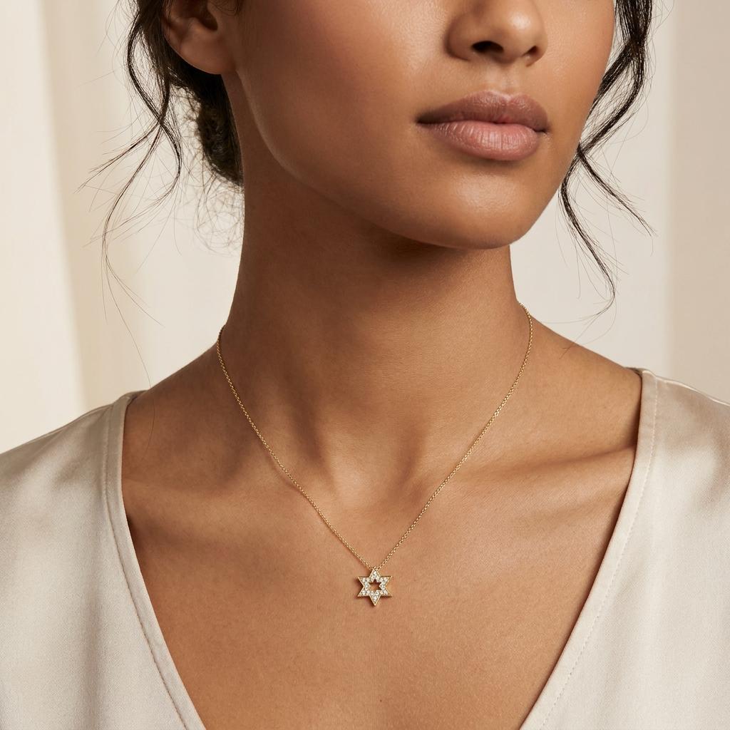 Round Diamond Dainty Star Of David 14K Solid Gold Pendant Necklace