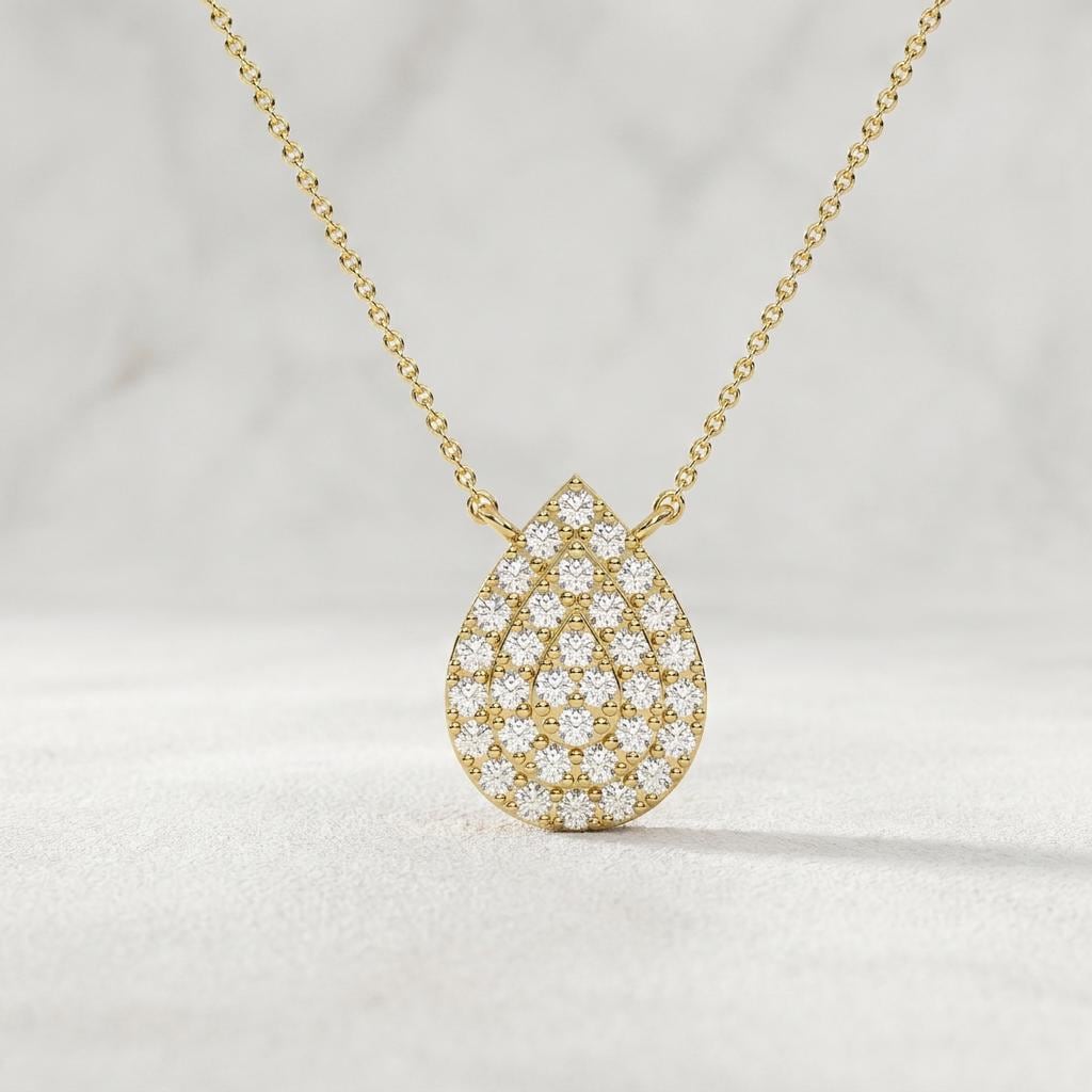Round Pave Diamond Dainty Pear Shape 14K Solid Gold Pendant Necklace