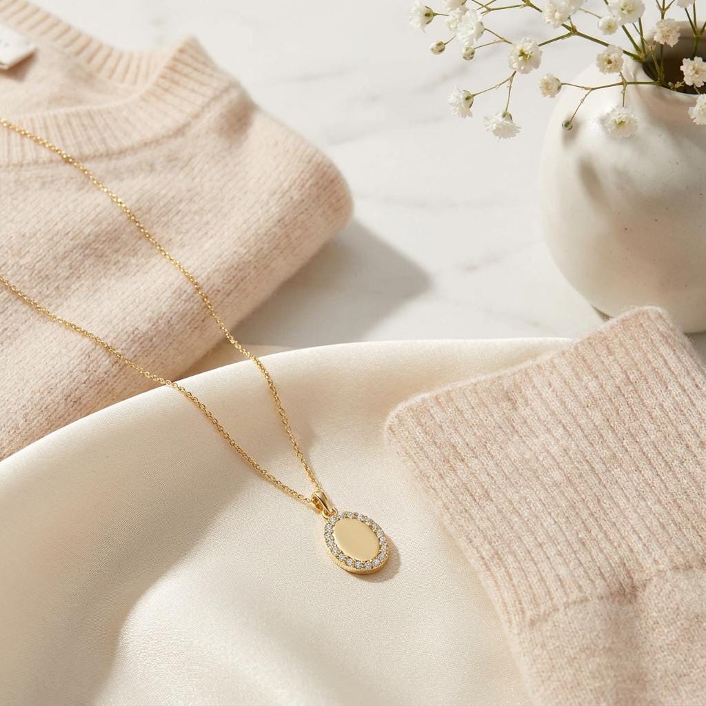 Oval Diamond Halo Disc 14K Solid Gold Pendant Necklace