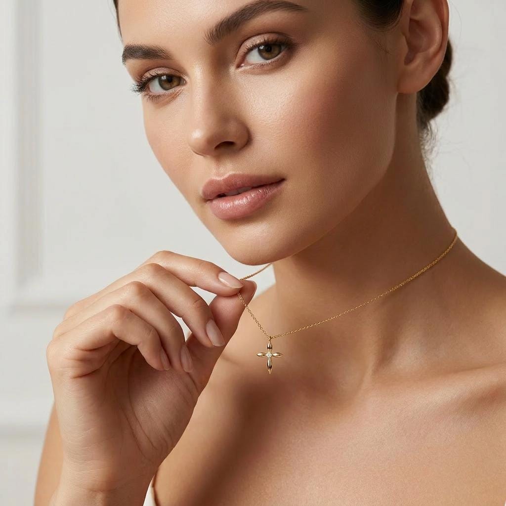 Round Diamond Solitaire Petal Cross 14K Solid Gold Pendant Necklace