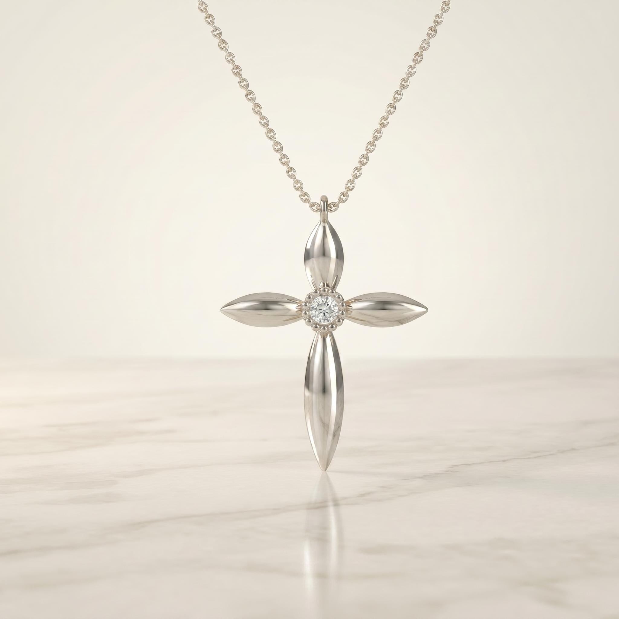 Round Diamond Solitaire Petal Cross 14K Solid Gold Pendant Necklace