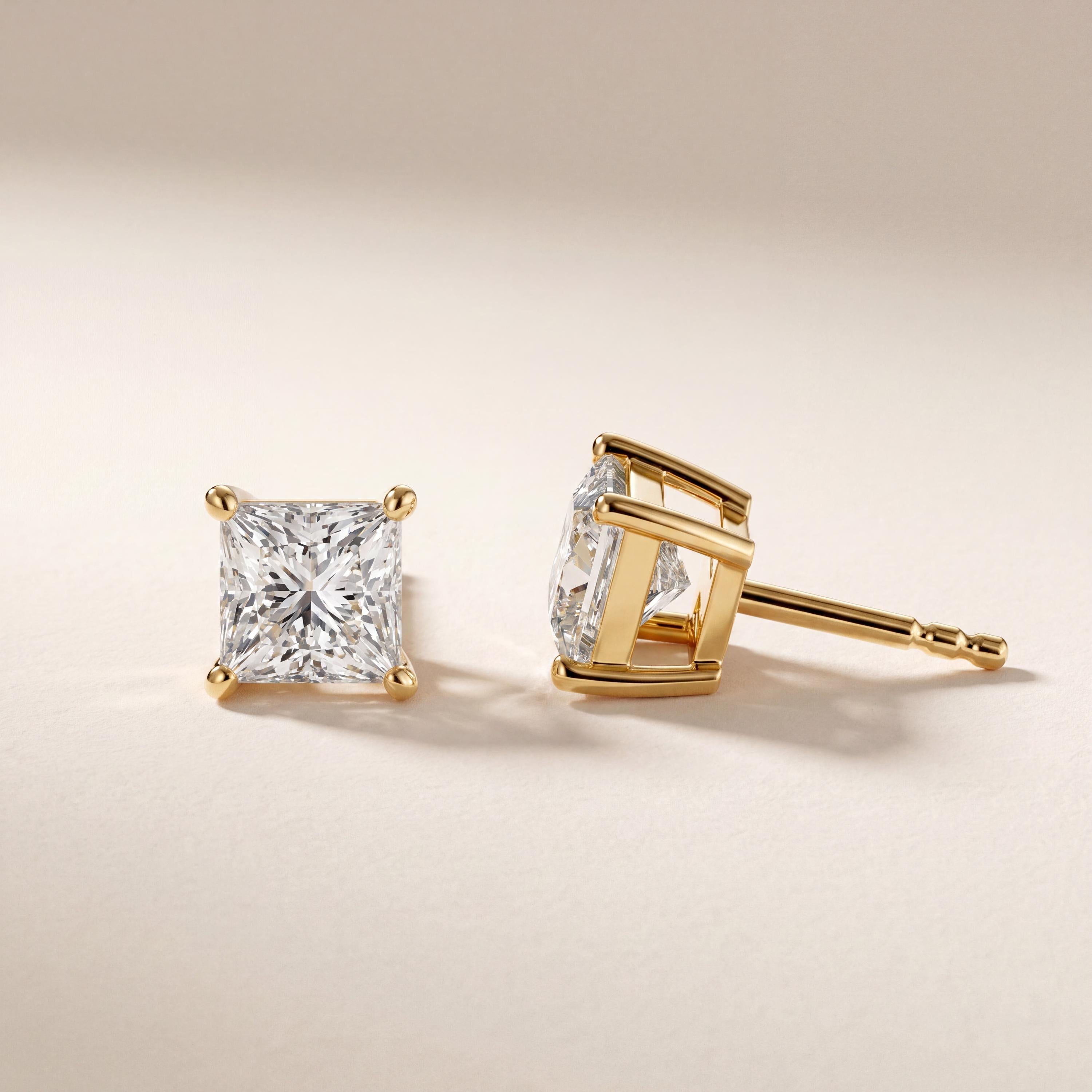 14k Gold Princess Cut Studs Prong Set Diamond Earrings 1.00-4.00 CTW Minimalist Gift For Her By JIORE