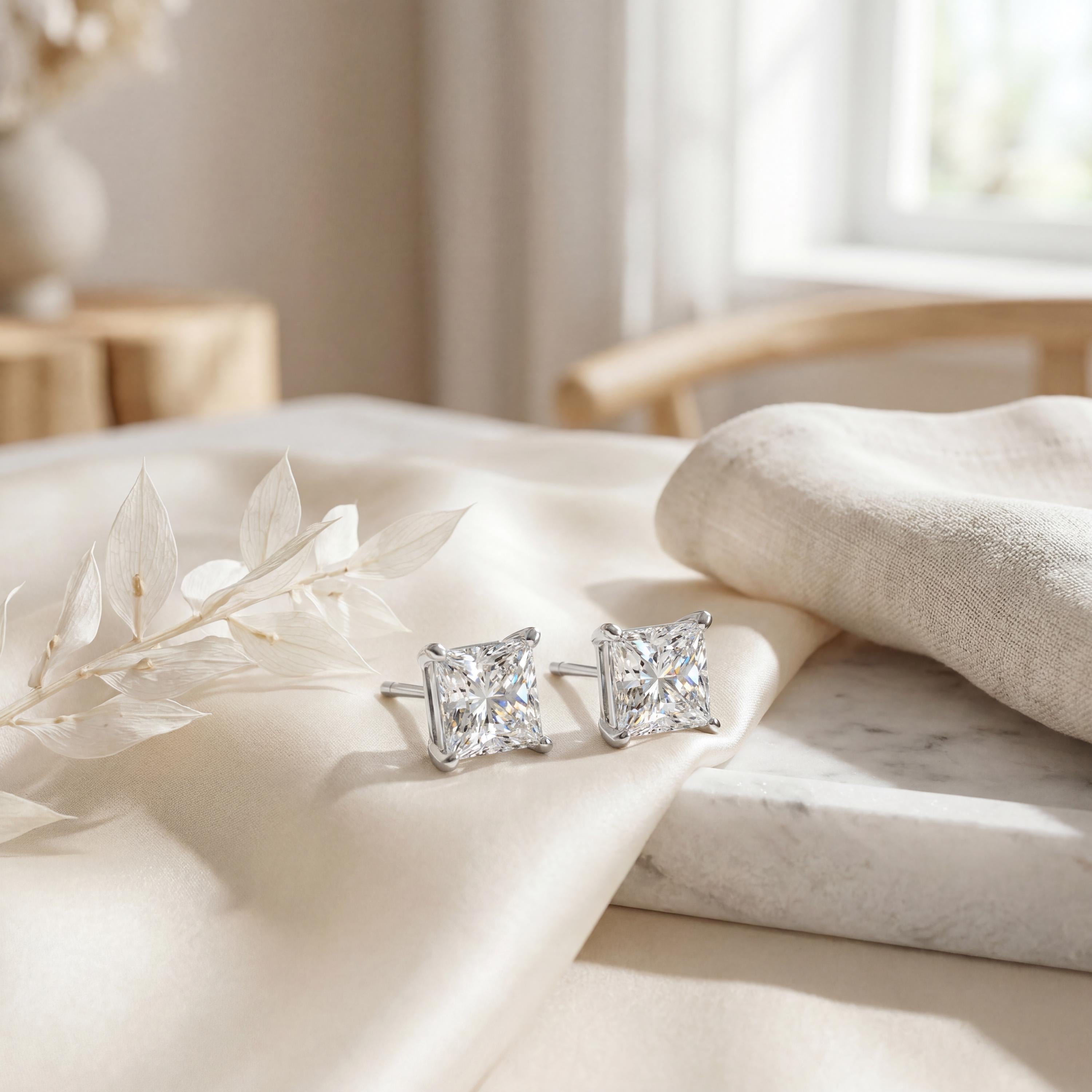 14k Gold Princess Cut Studs Prong Set Diamond Earrings 1.00-4.00 CTW Minimalist Gift For Her By JIORE