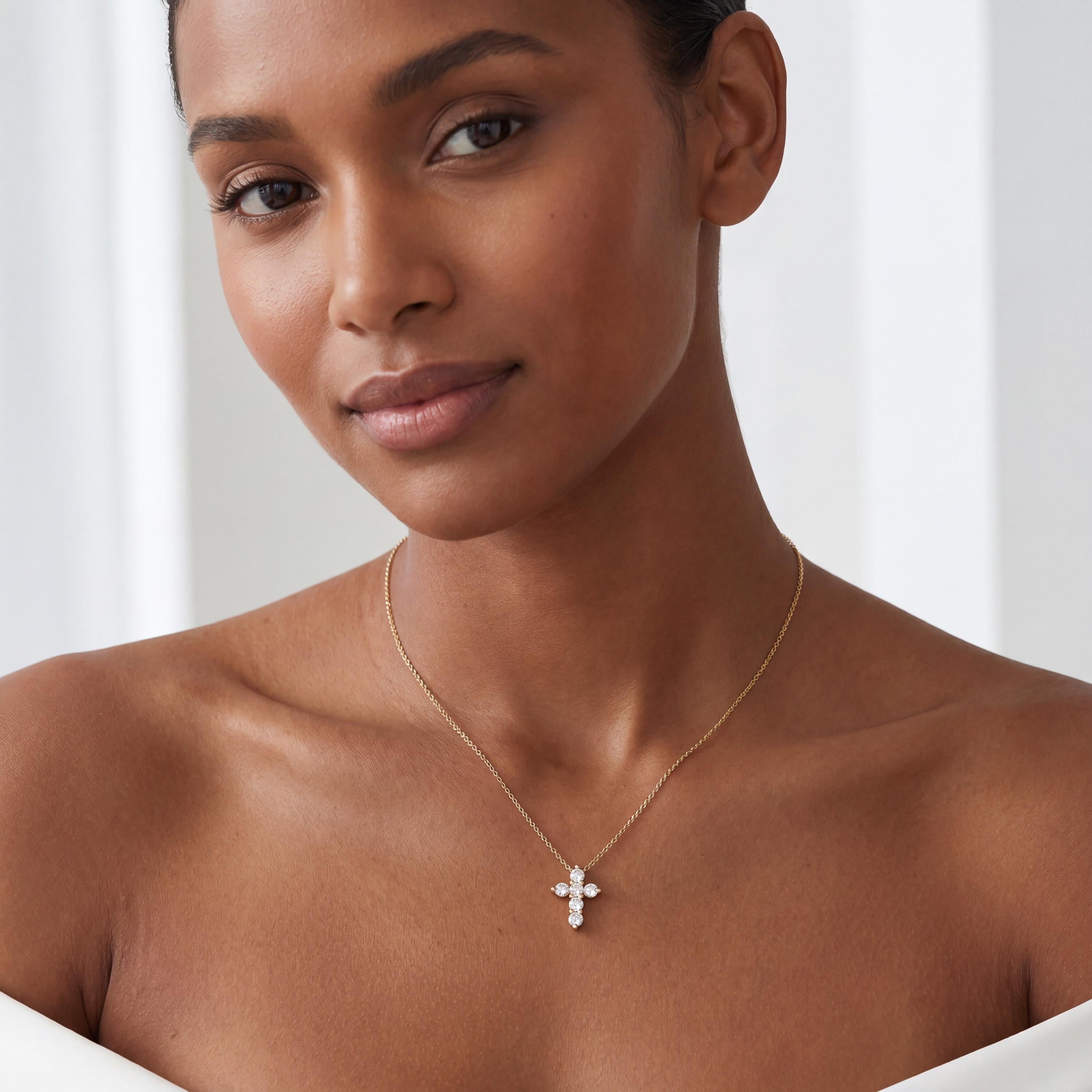 Round Diamond Dainty Prong Set Cross 14K Solid Gold Pendant Necklace