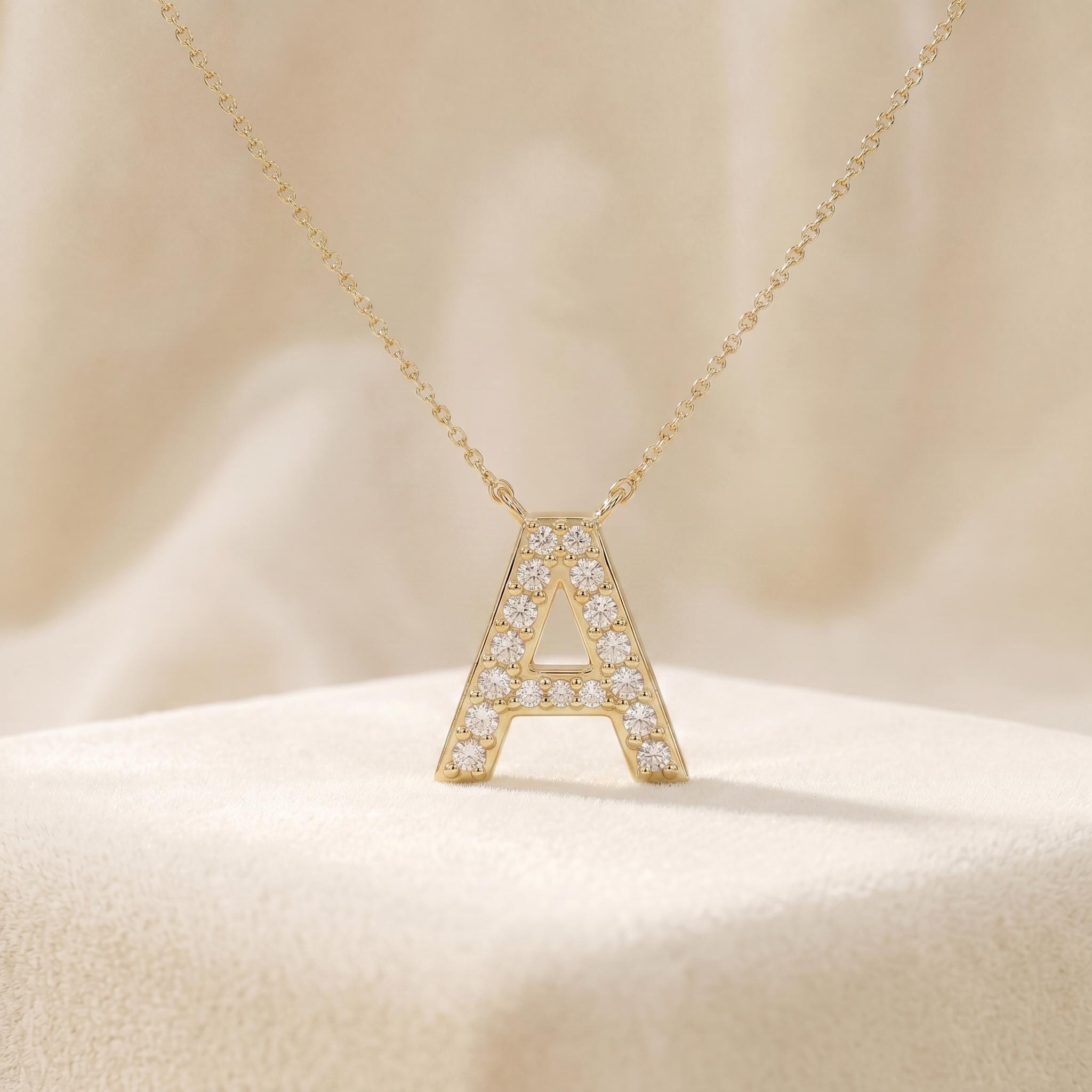 Round Diamond Pave 14K Dainty Solid Gold Initial Letter Necklace Pendant