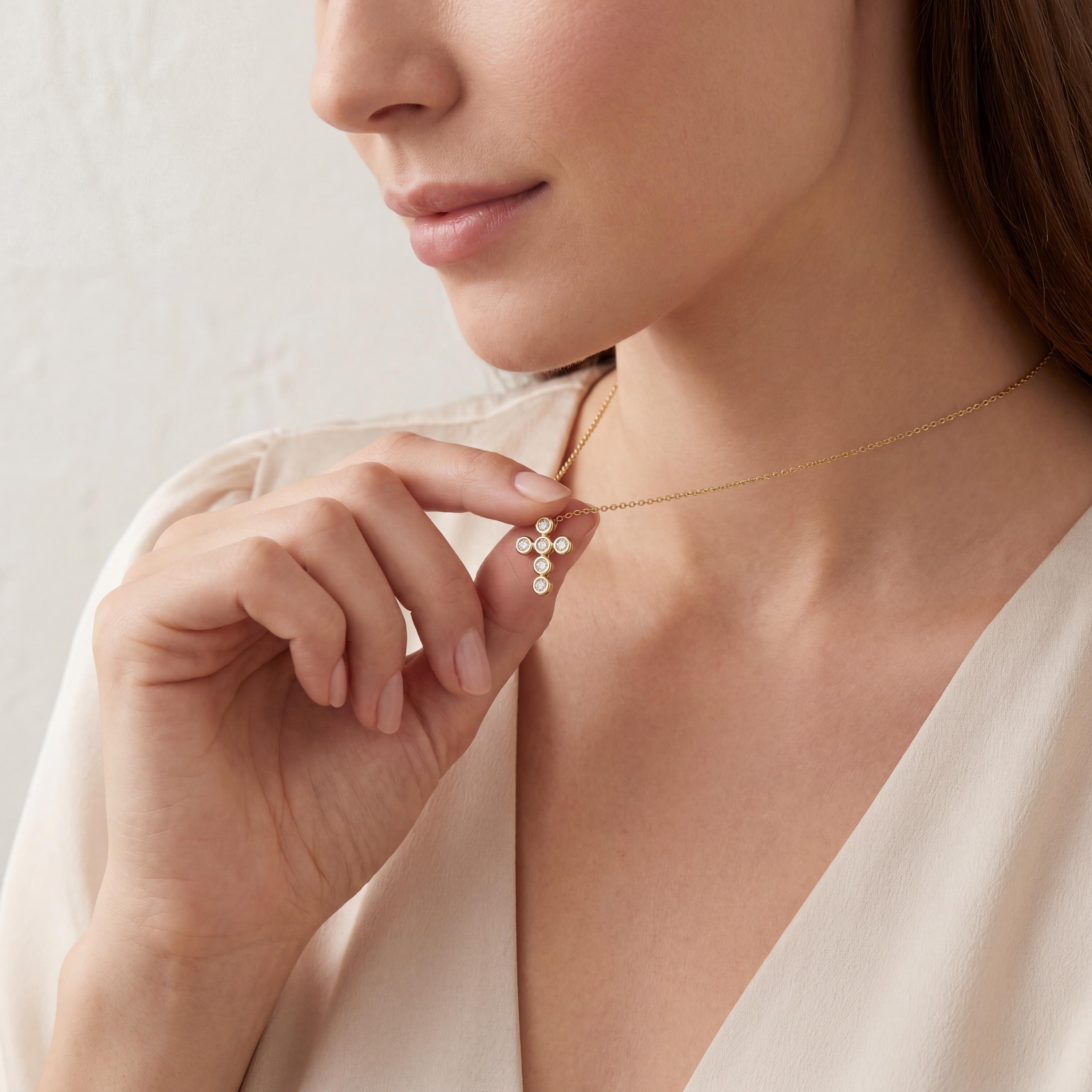 Round Diamond Dainty Bezel Set Cross 14K Solid Gold Pendant Necklace