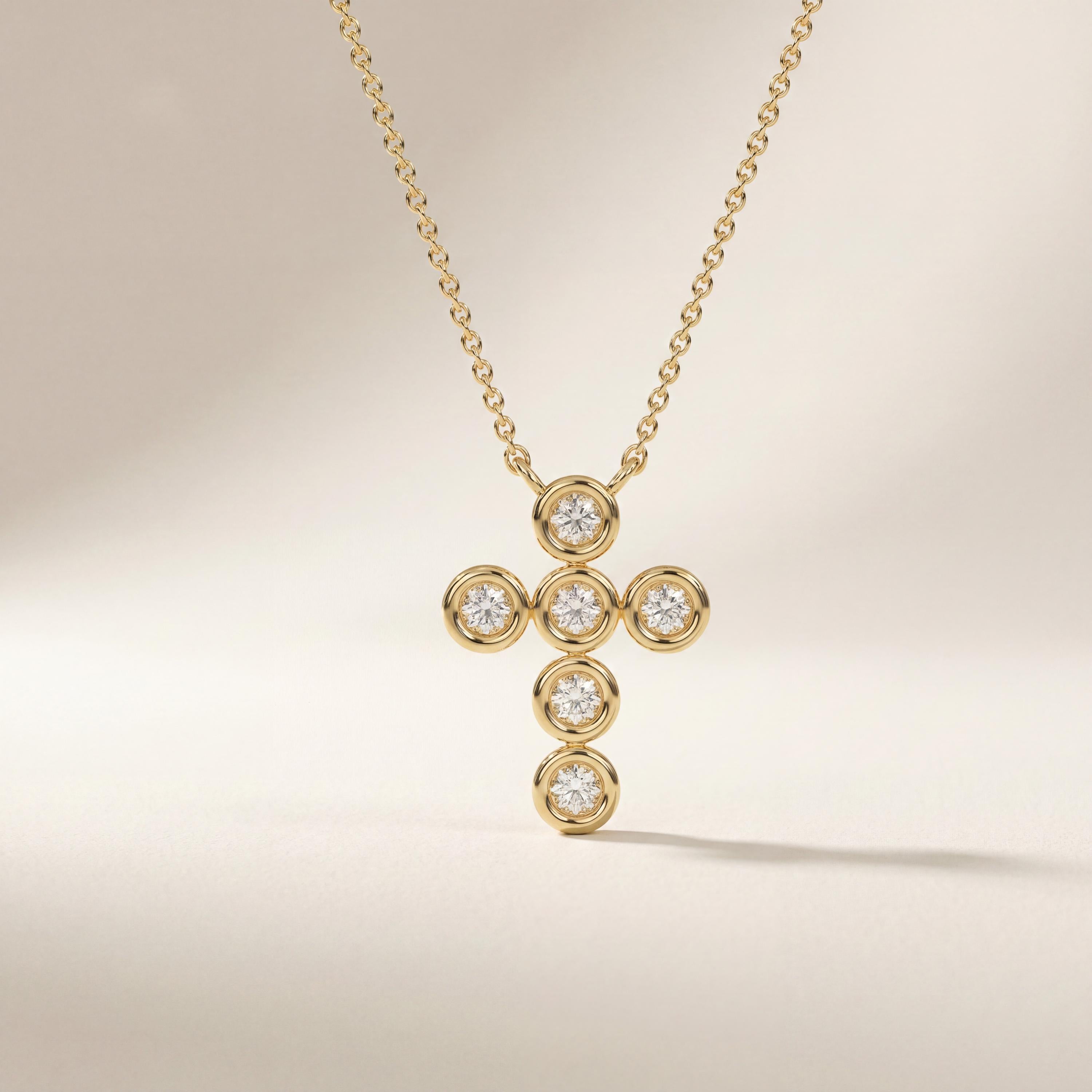 Round Diamond Dainty Bezel Set Cross 14K Solid Gold Pendant Necklace