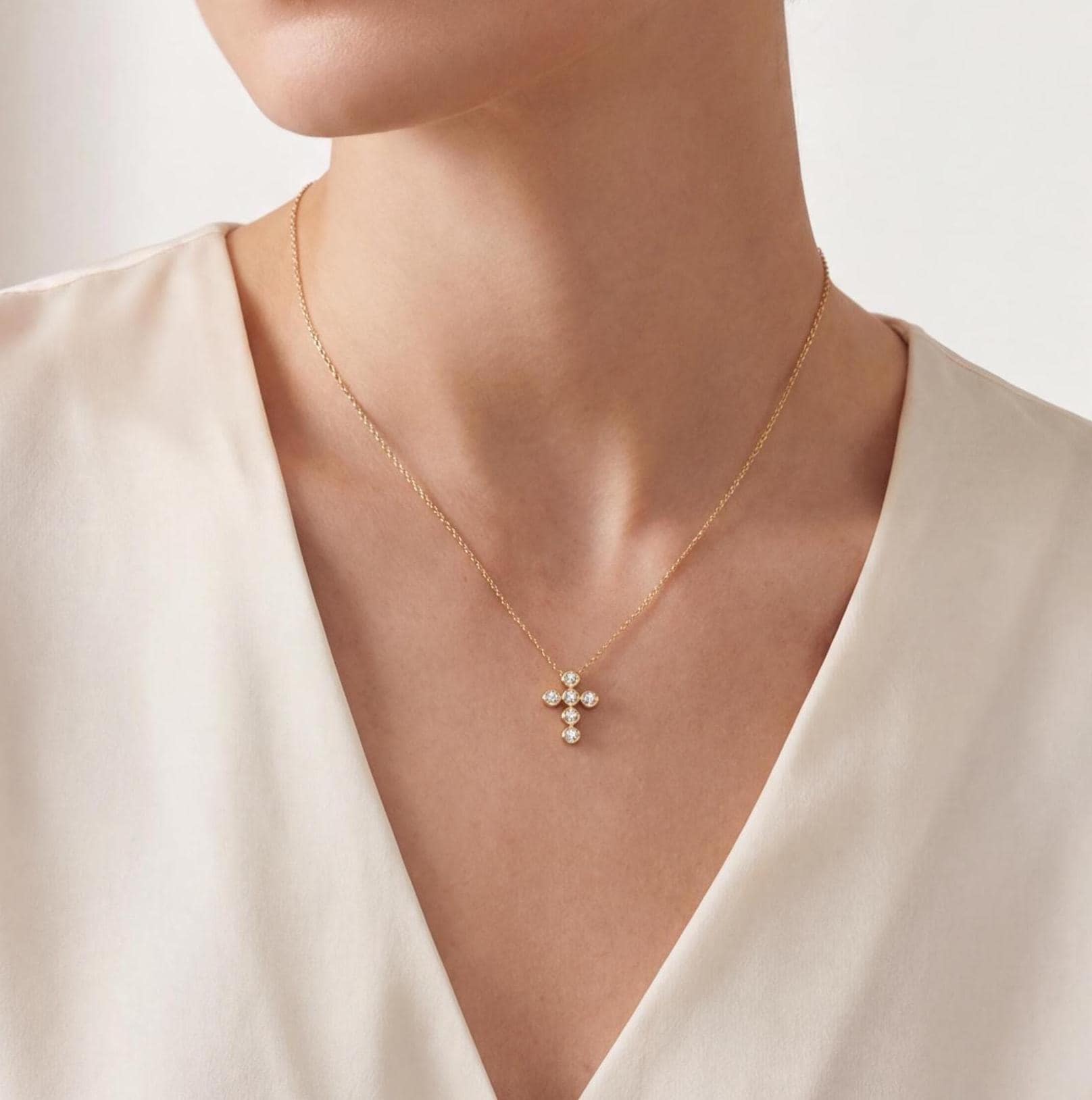 Round Diamond Dainty Bezel Set Cross 14K Solid Gold Pendant Necklace