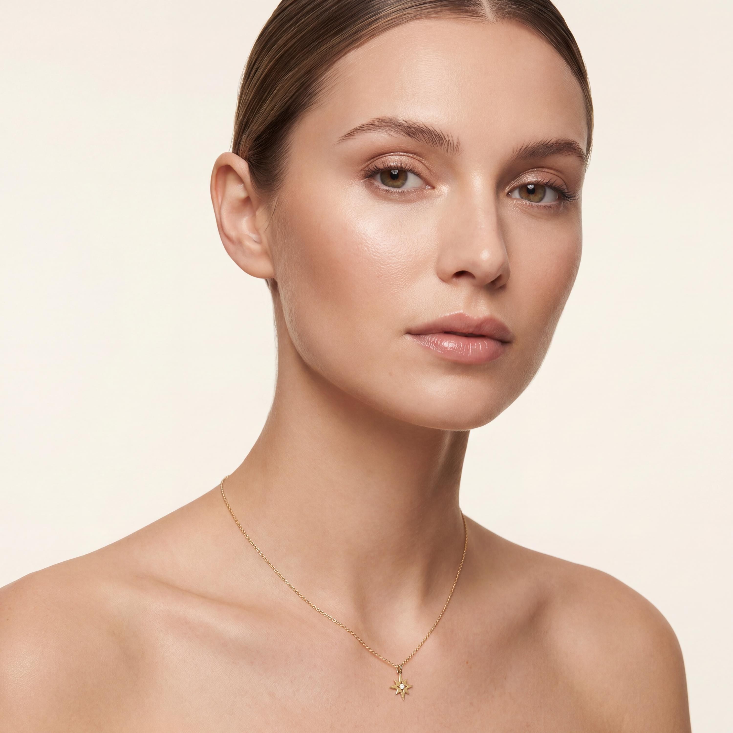 Round Diamond Dainty North Star Compass 14K Solid Gold Pendant Necklace