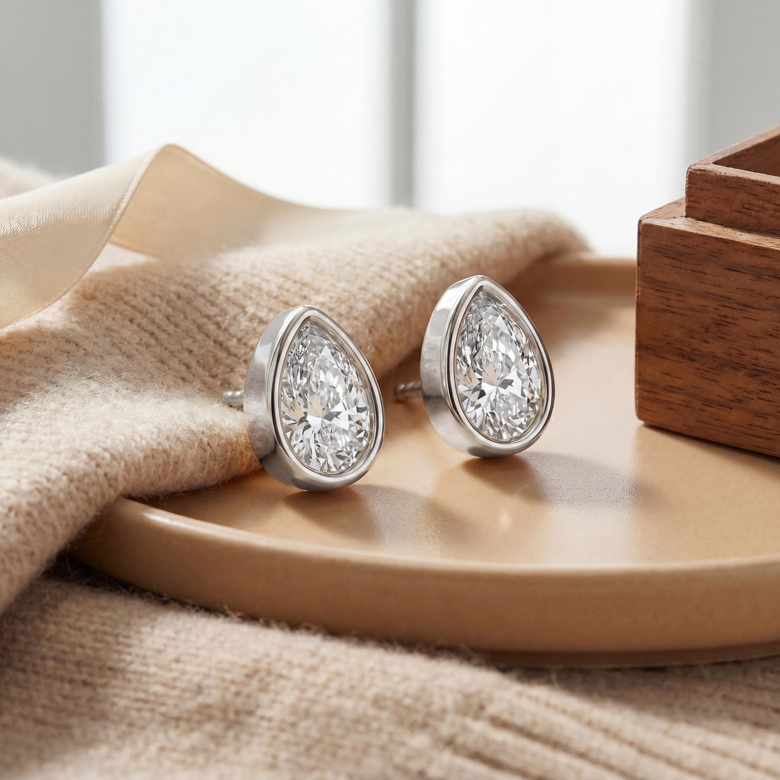 14k Gold Pear Cut Studs Bezel Set Diamond Earrings 1.00-4.00 CTW Minimalist Gift For Her By JIORE