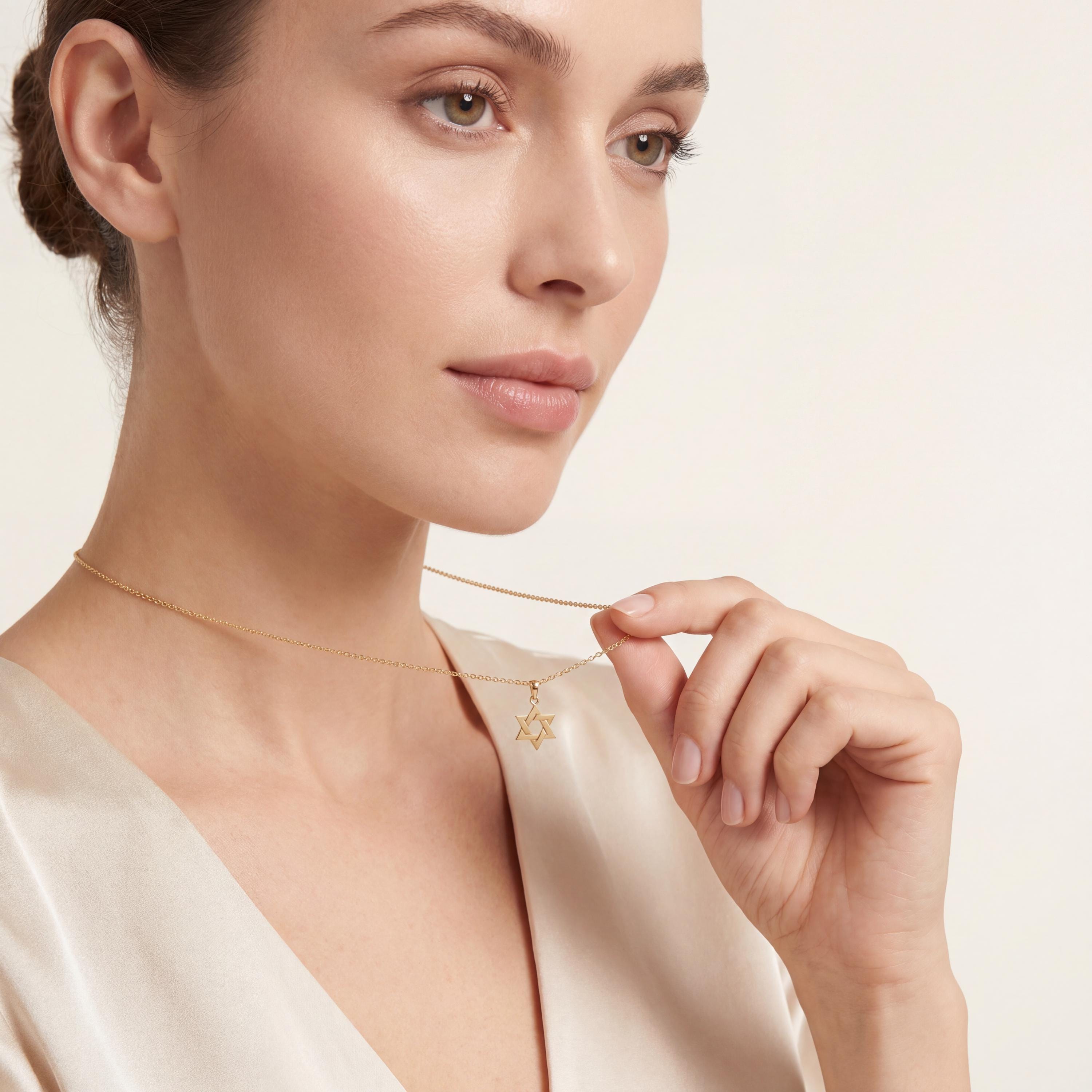 Star Of David Dainty 14K Solid Gold Pendant Necklace