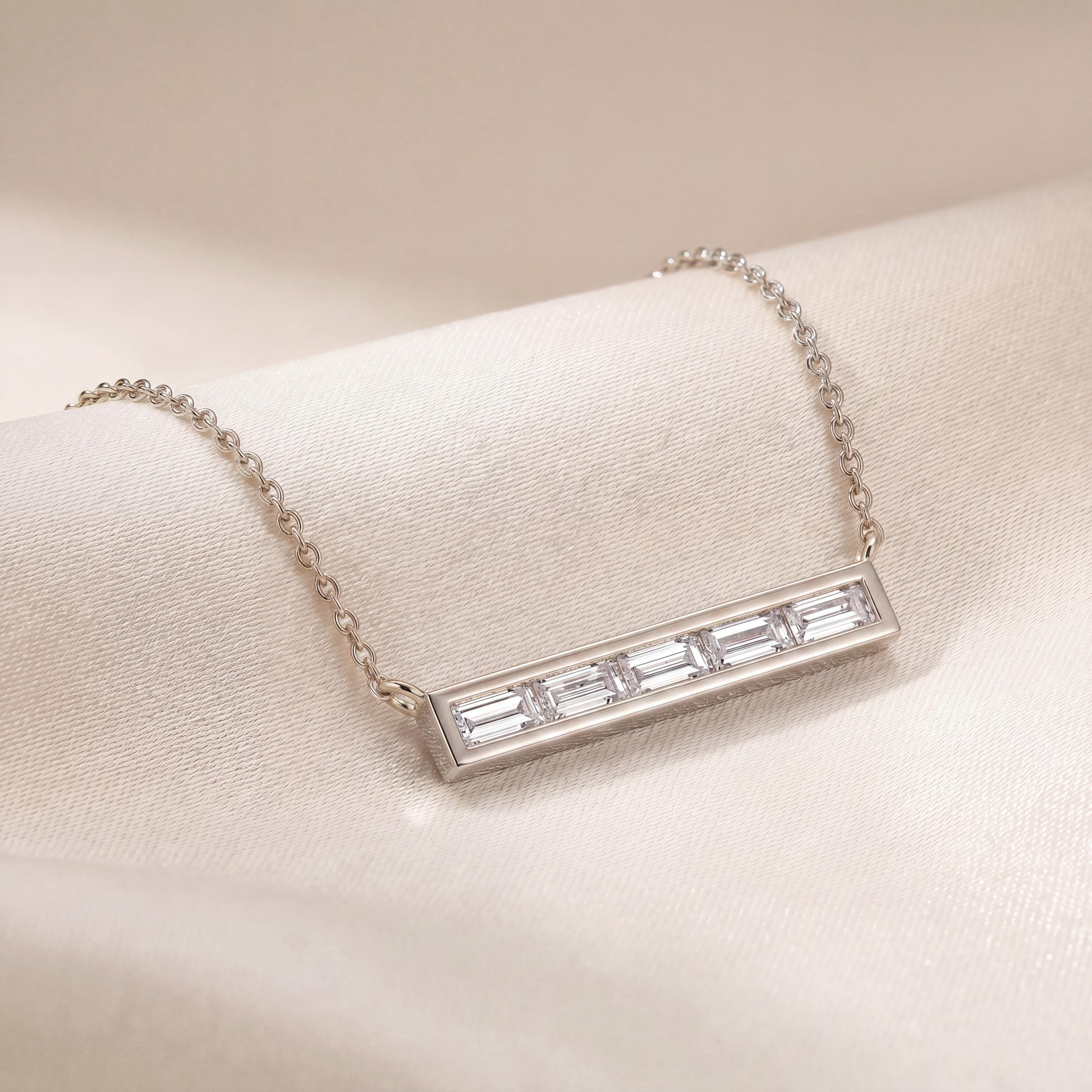 Baguette Diamond Dainty Bar Channel Set 14K Solid Gold Pendant Necklace