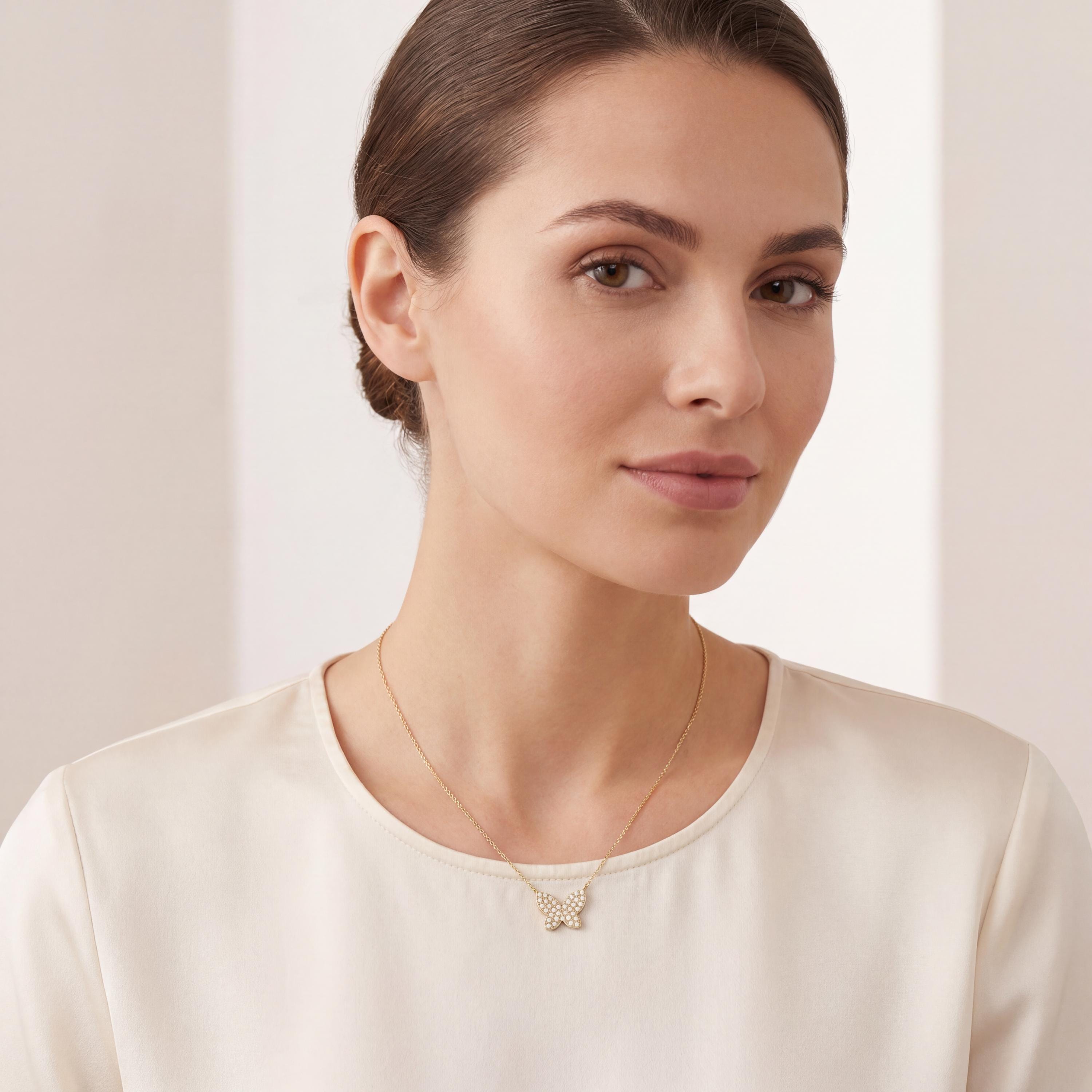 Round Pave Diamond Dainty Butterfly 14K Solid Gold Pendant Necklace