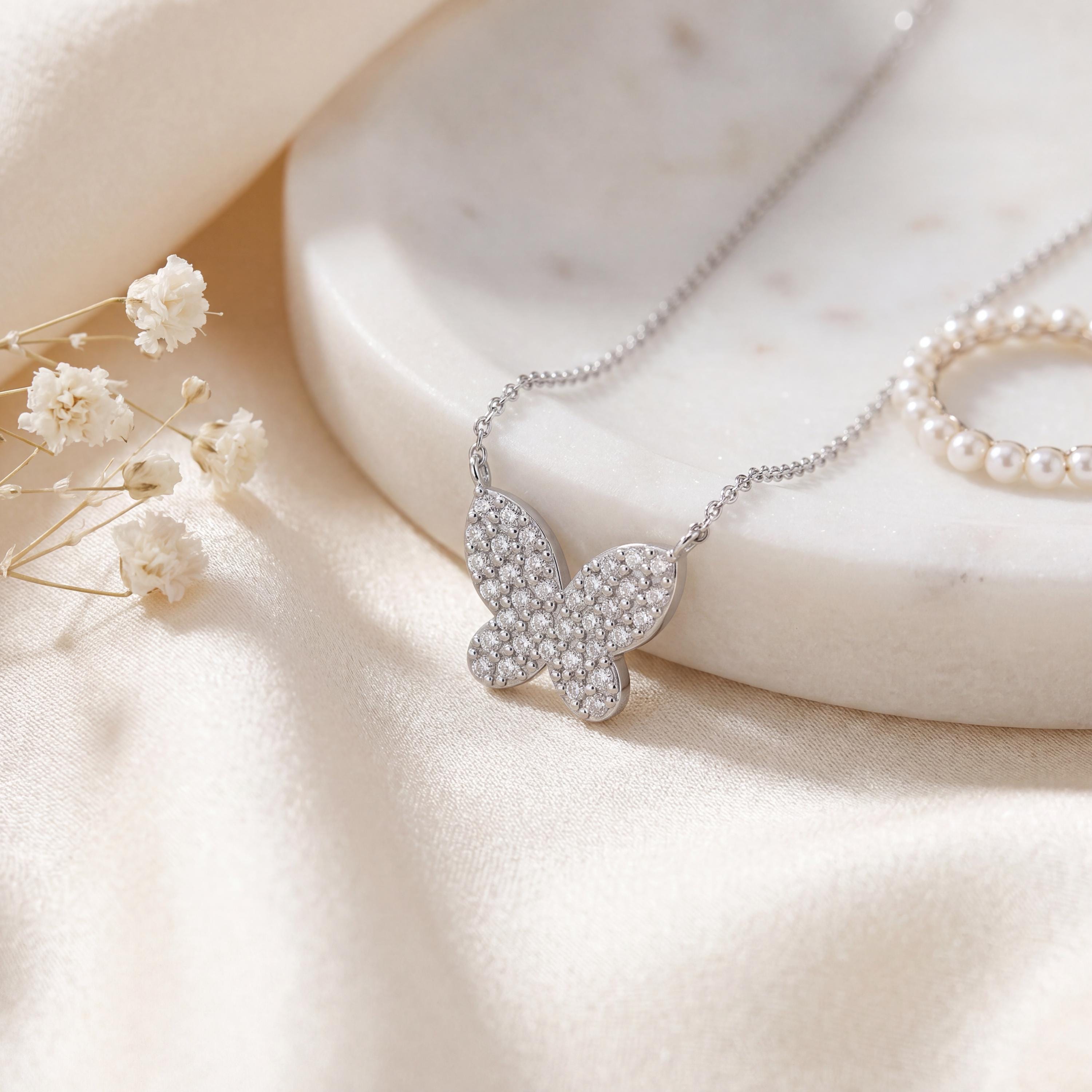 Round Pave Diamond Dainty Butterfly 14K Solid Gold Pendant Necklace