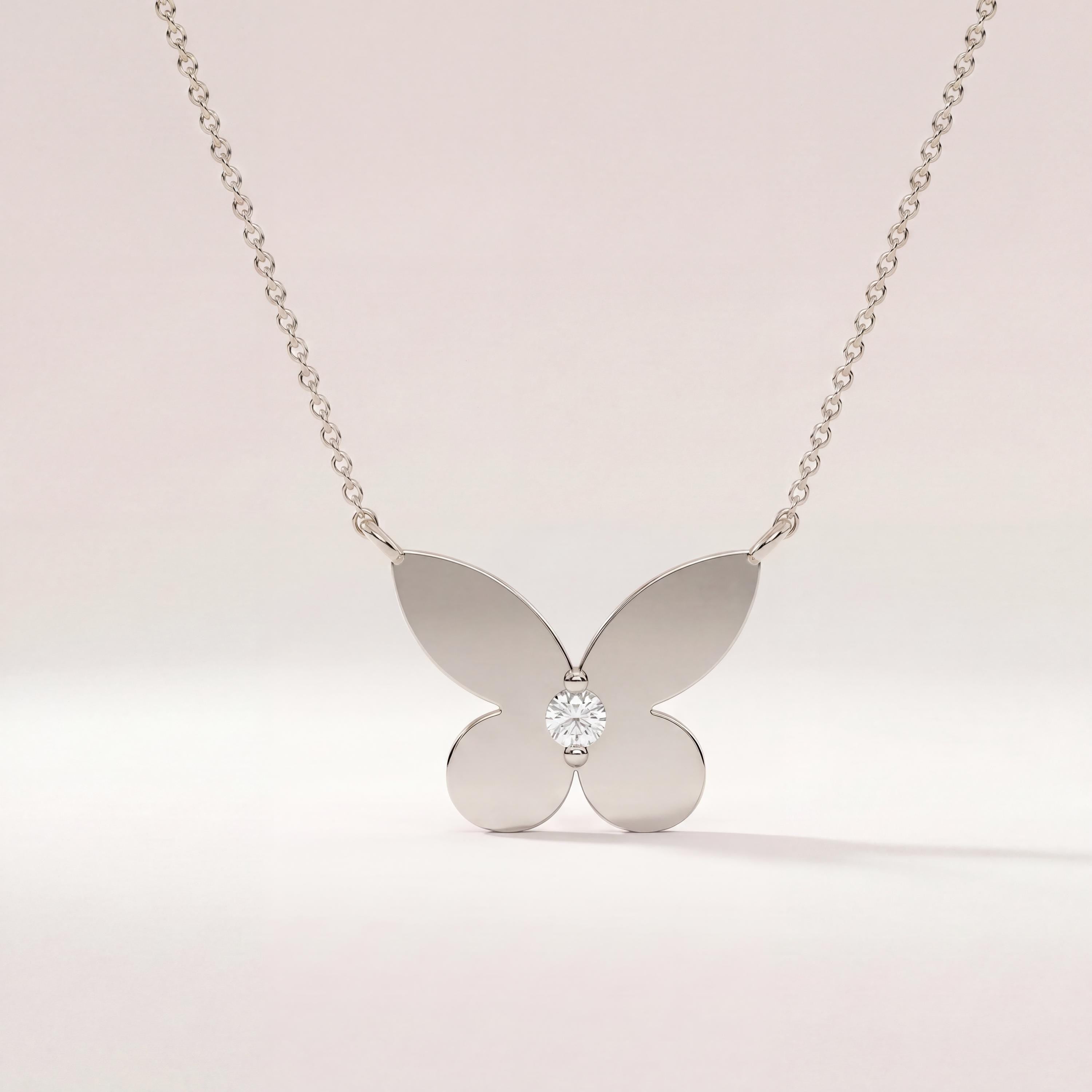 Round Solitaire Diamond Dainty Butterfly 14K Solid Gold Pendant Necklace
